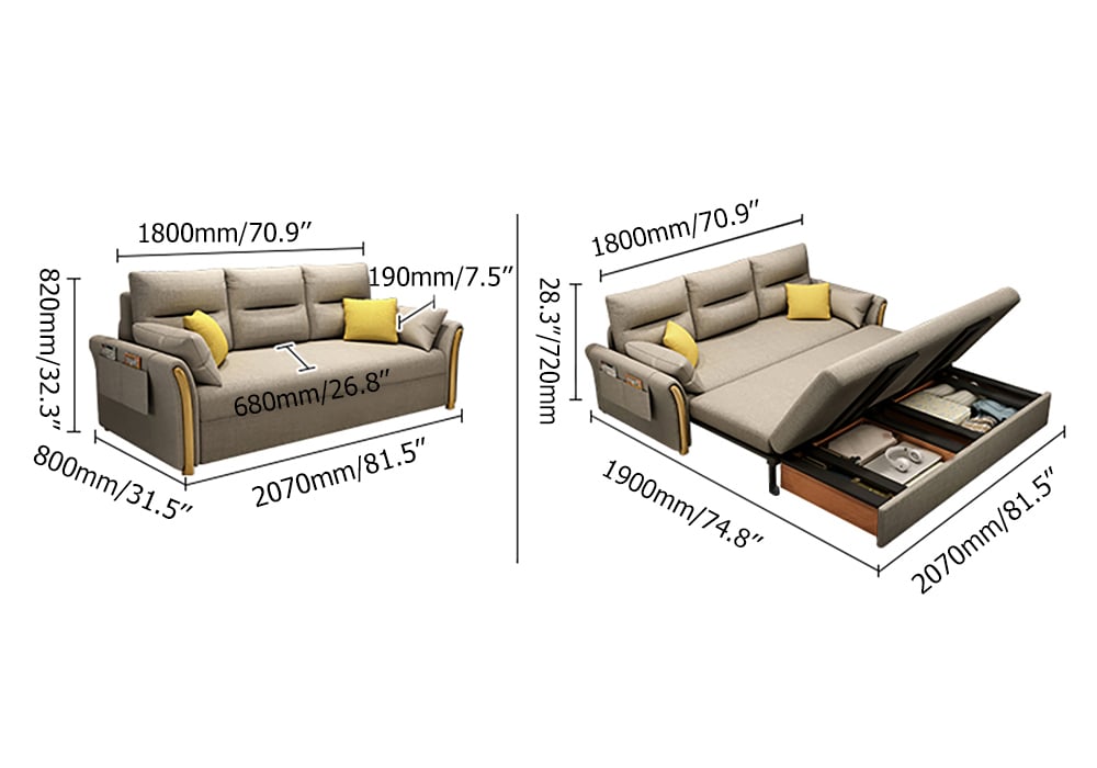 HMR King 3-Seater Convertible Sleeper Sofa - Khaki, Linen