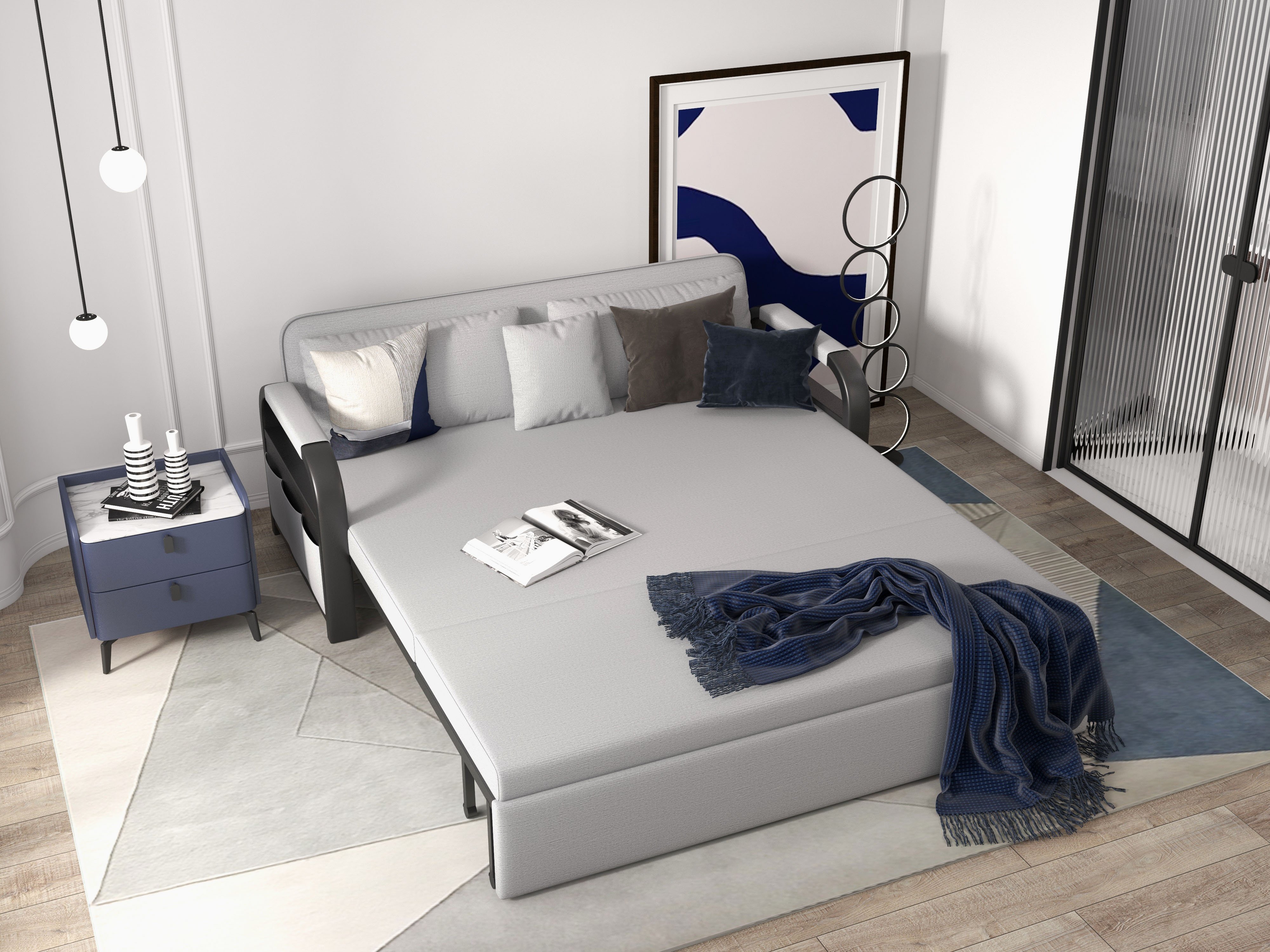HMR - Full Sleeper Linen Upholstered Convertible with Storage in 75.6"L
