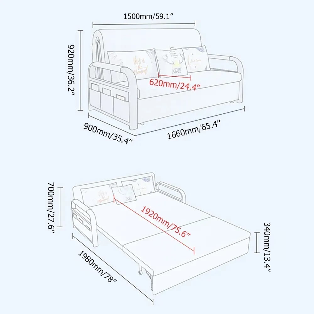 HMR - Full Sleeper Linen Upholstered Convertible with Storage in 75.6"L