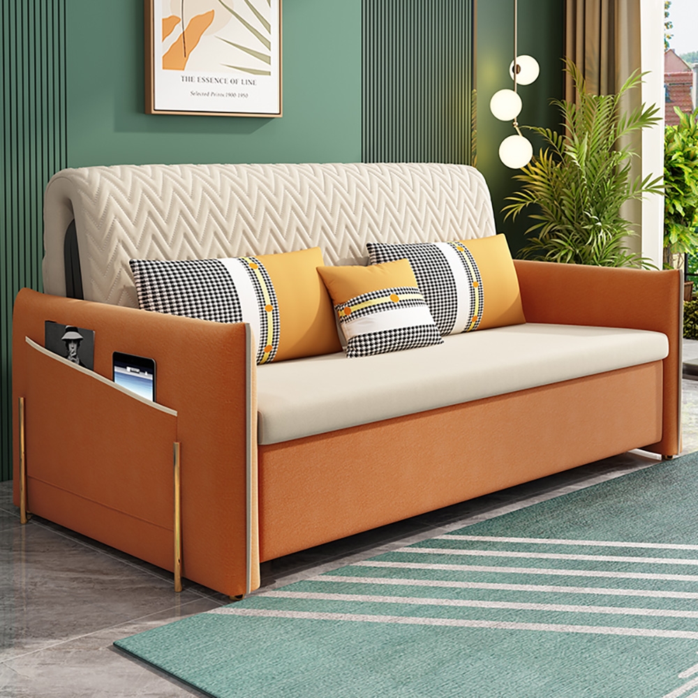 HMR - Velvet Upholstered Convertible Full Sleeper Storage in 66.1"L, Beige
