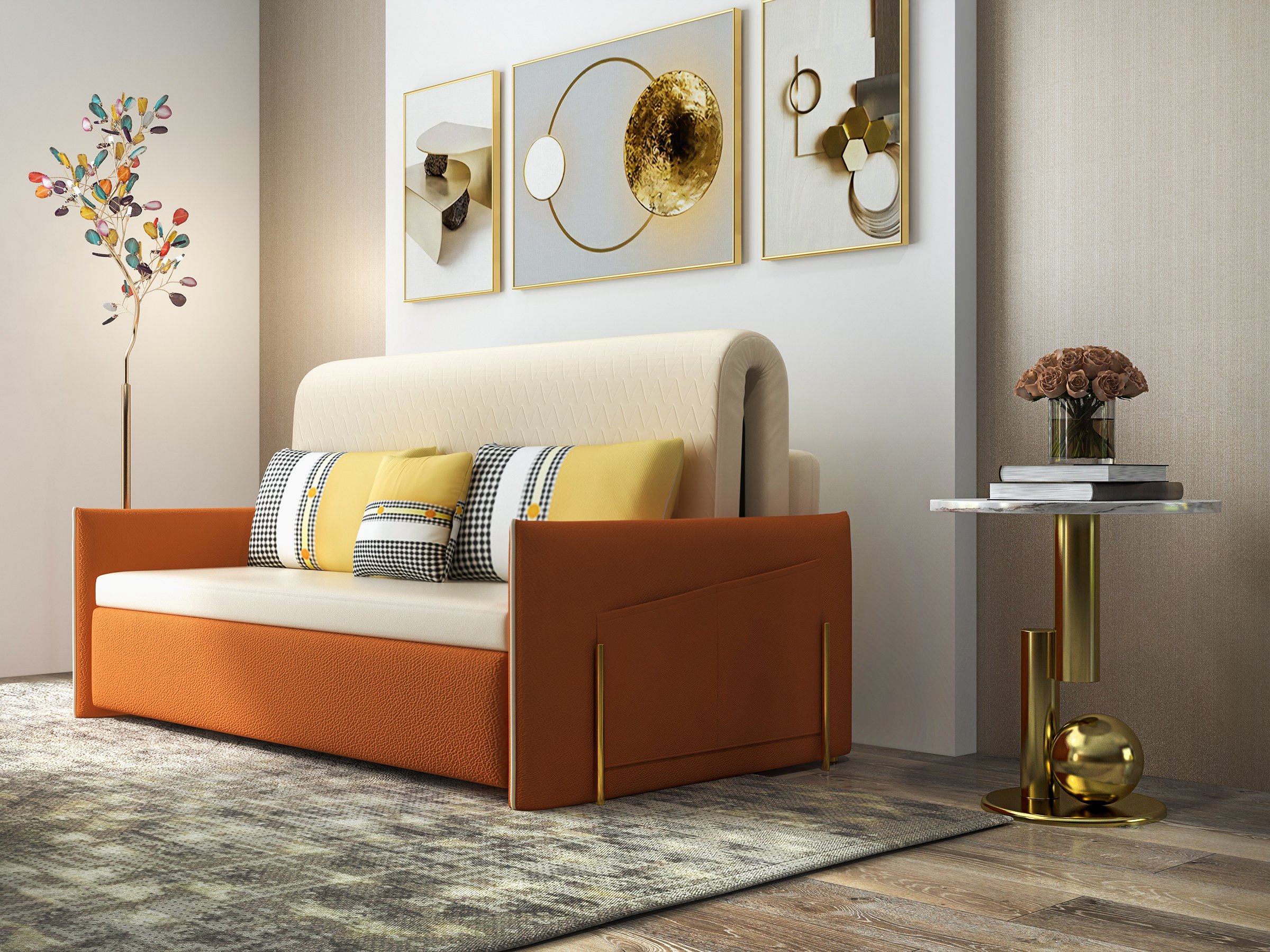 HMR - Velvet Upholstered Convertible Full Sleeper Storage in 66.1"L, Beige