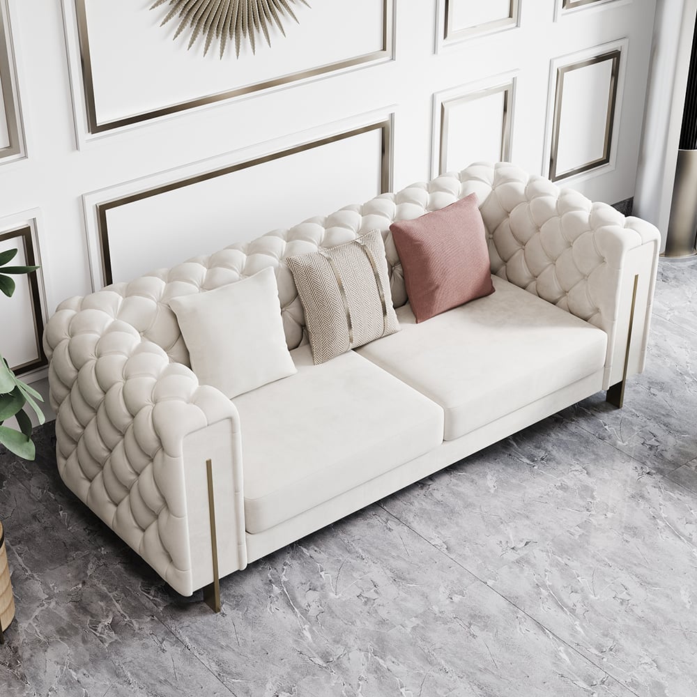HMR - Velvet Upholstered 2-Seater Tufted Sofa in 86.6"W, White