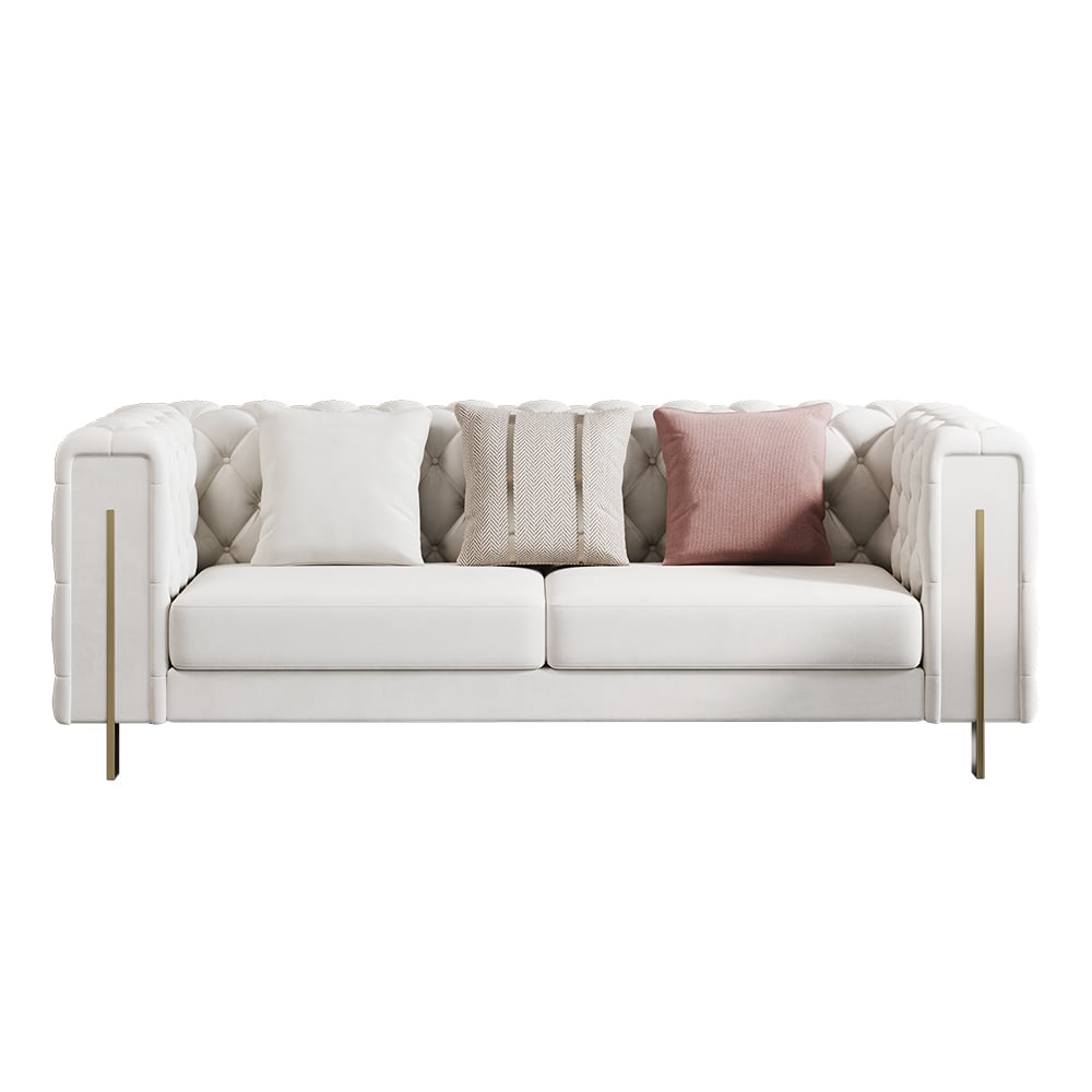HMR - Velvet Upholstered 2-Seater Tufted Sofa in 86.6"W, White