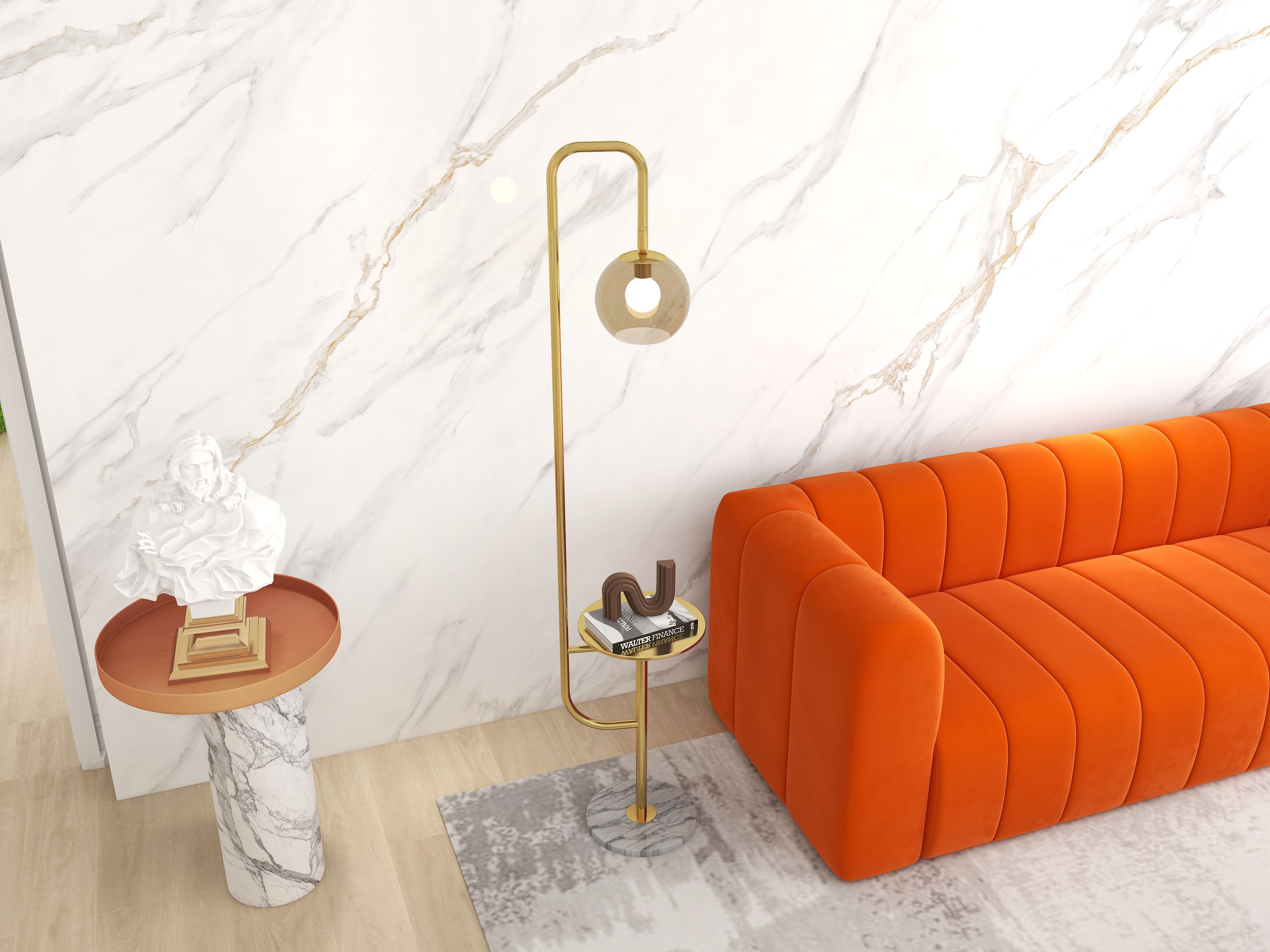 HMR Modern 3-Seater Sofa with Velvet Upholstered - Orange