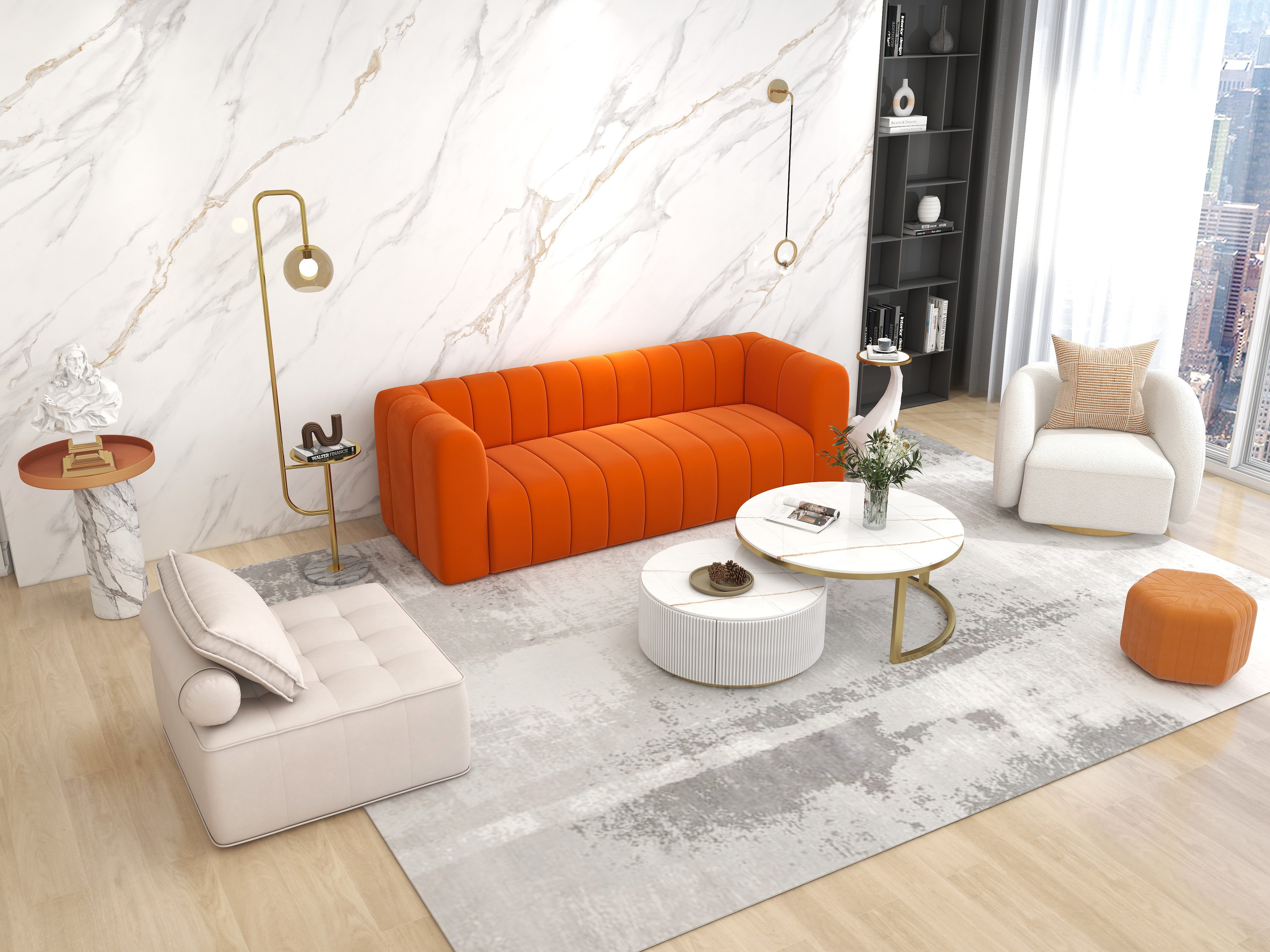HMR Modern 3-Seater Sofa with Velvet Upholstered - Orange