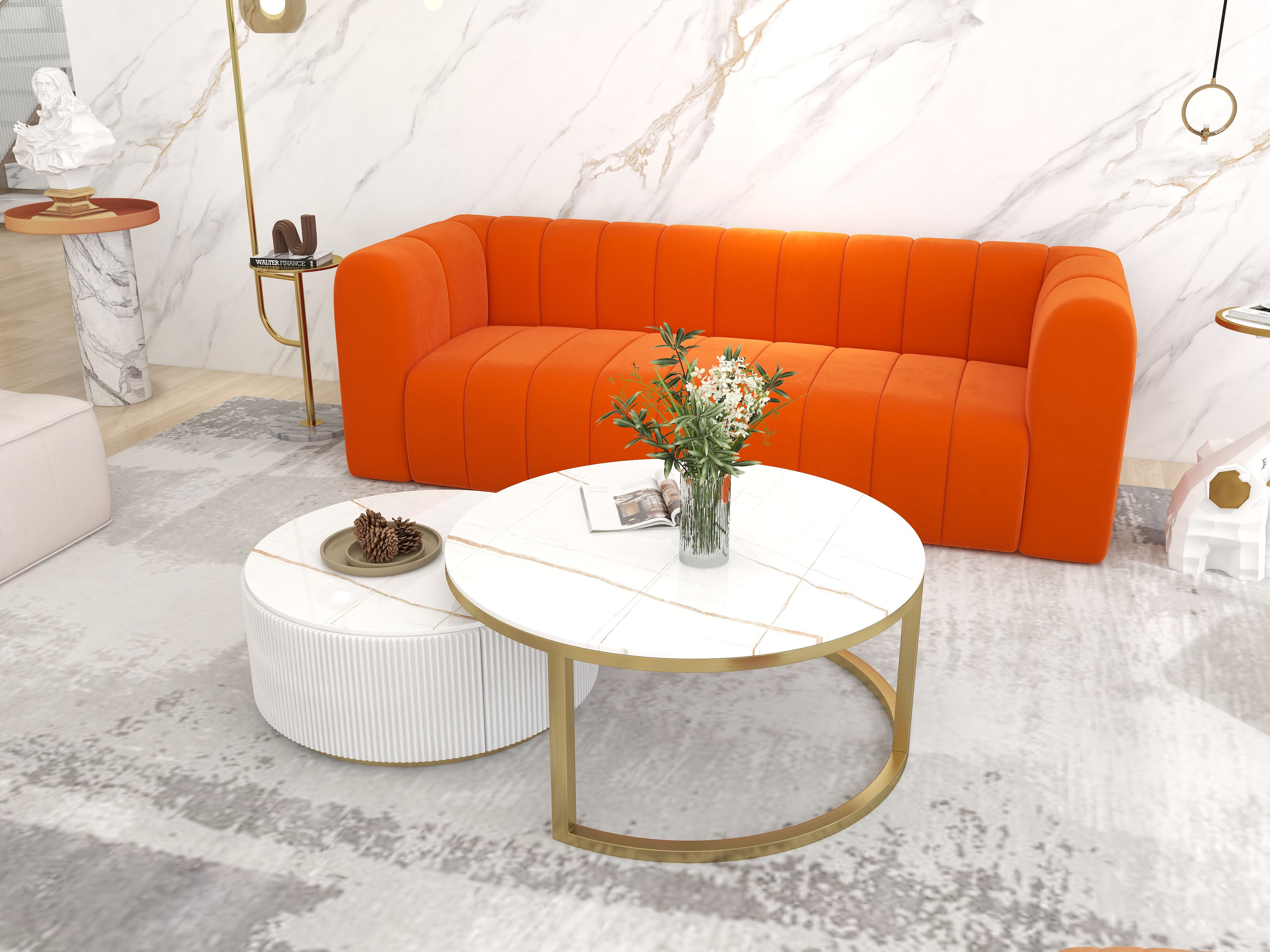 HMR Modern 3-Seater Sofa with Velvet Upholstered - Orange