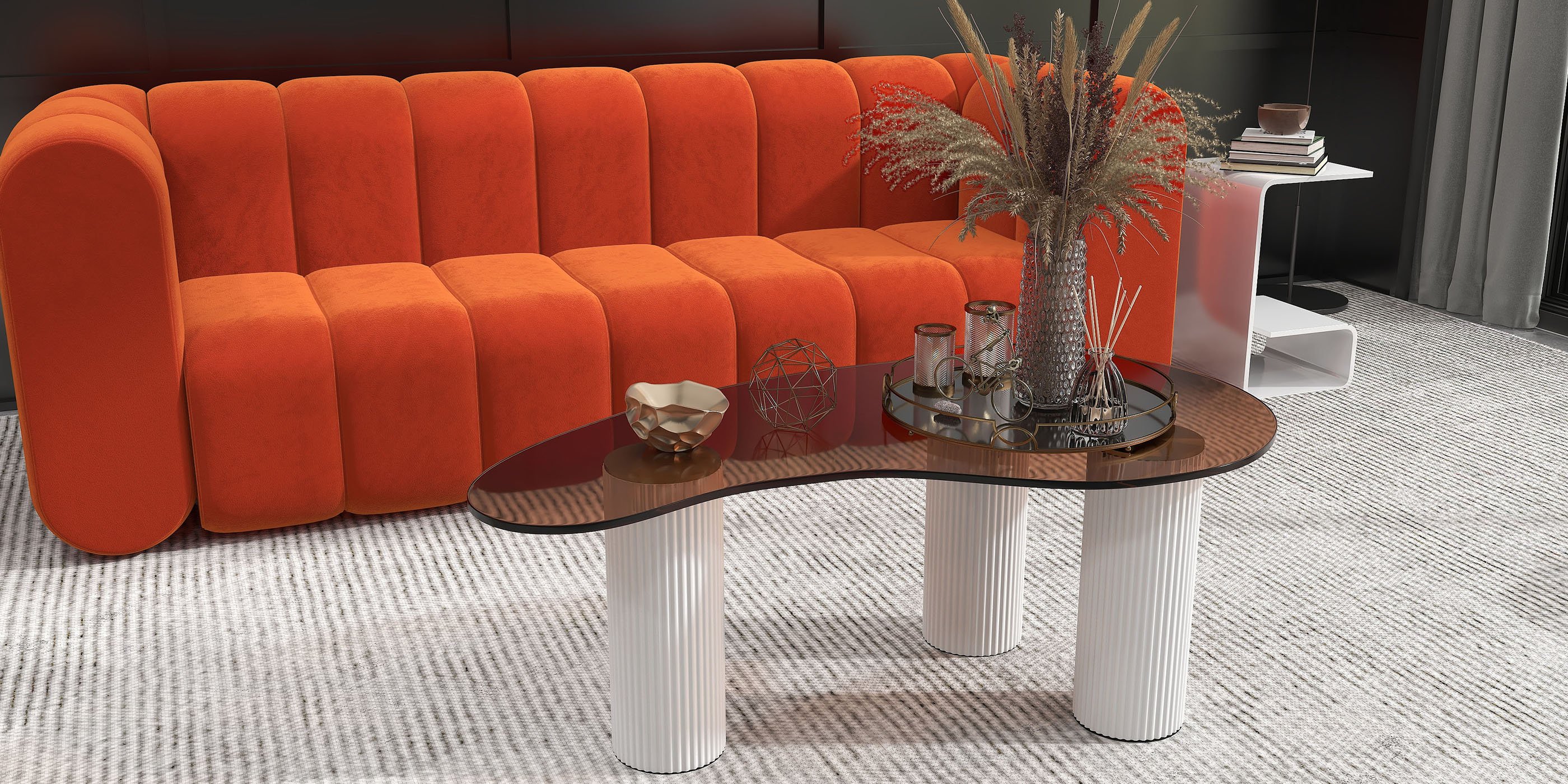 HMR Modern 3-Seater Sofa with Velvet Upholstered - Orange