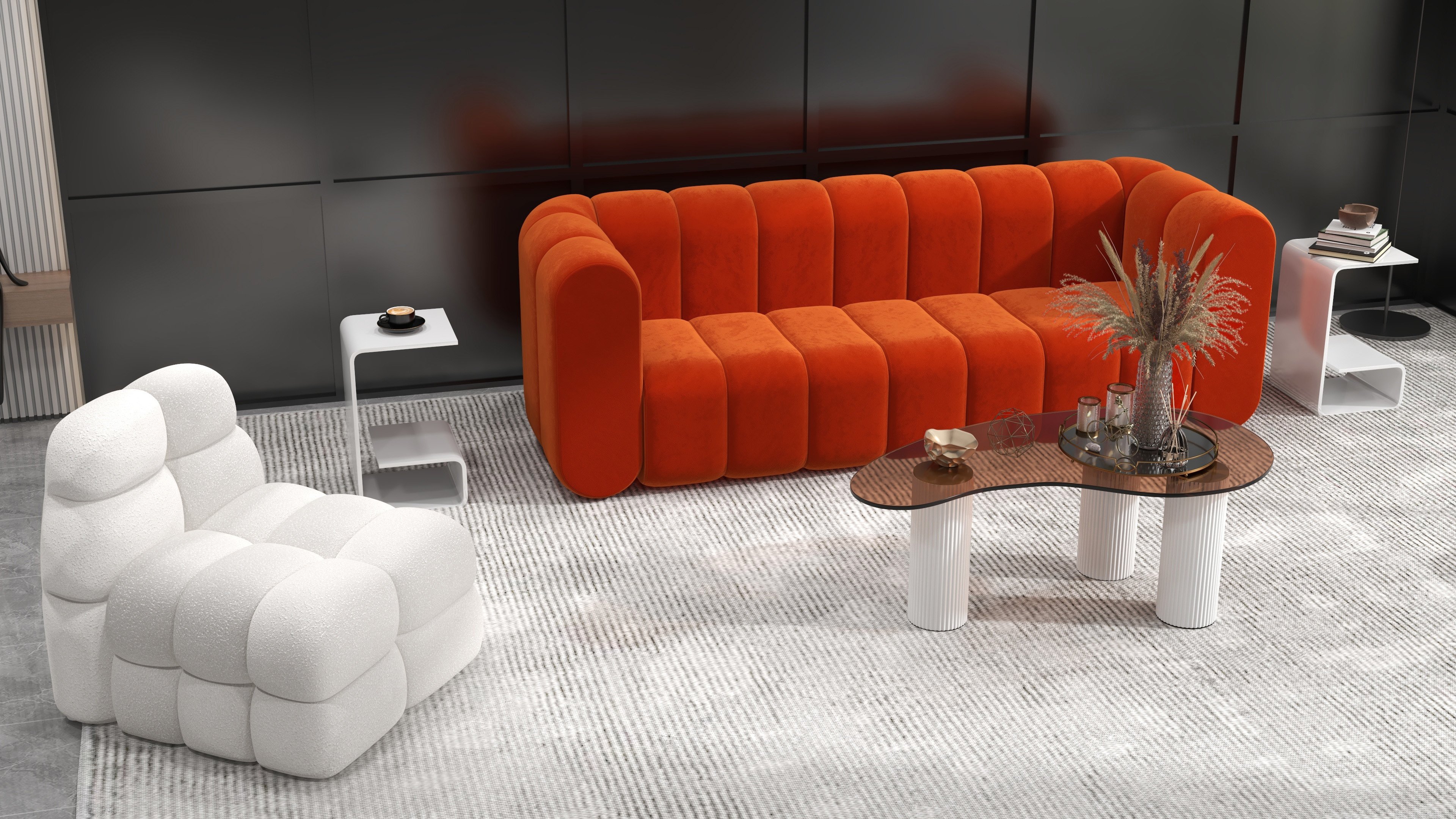 HMR Modern 3-Seater Sofa with Velvet Upholstered - Orange