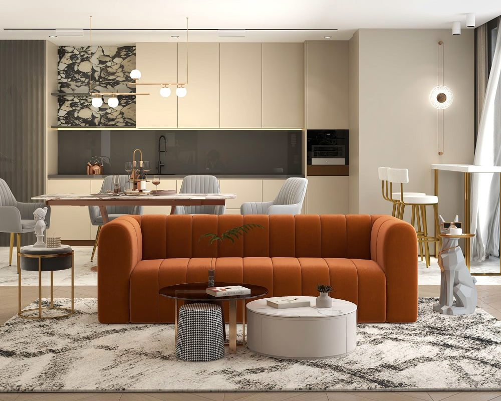 HMR Modern 3-Seater Sofa with Velvet Upholstered - Caramel