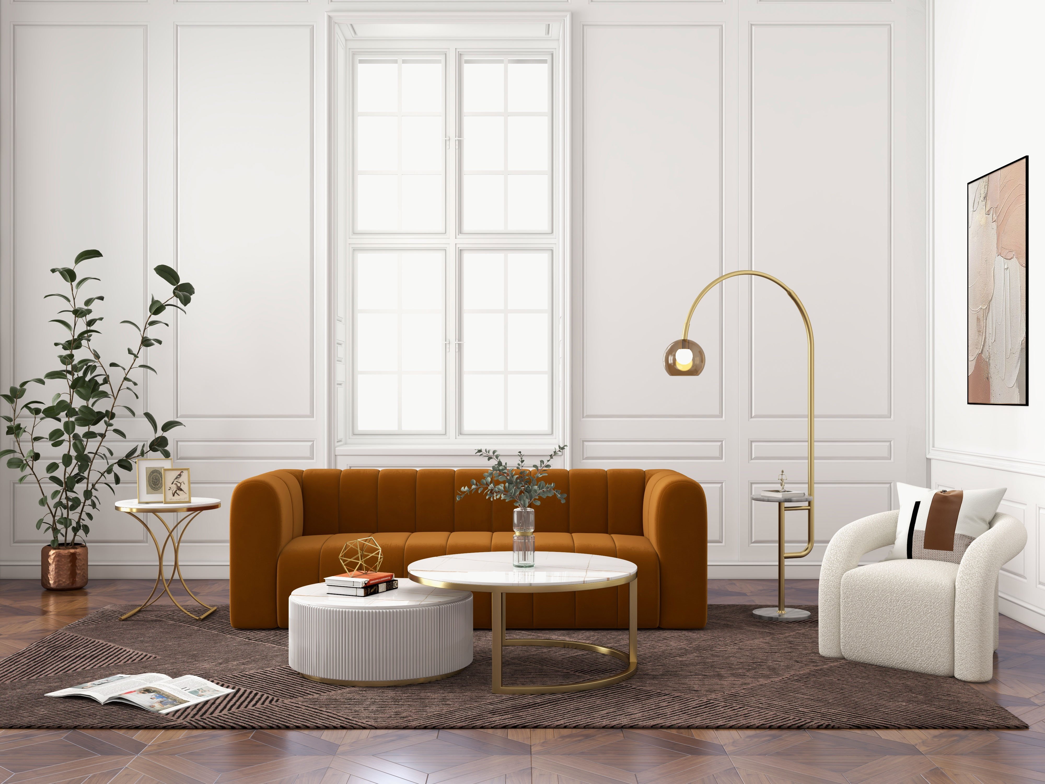 HMR Modern 3-Seater Sofa with Velvet Upholstered - Caramel