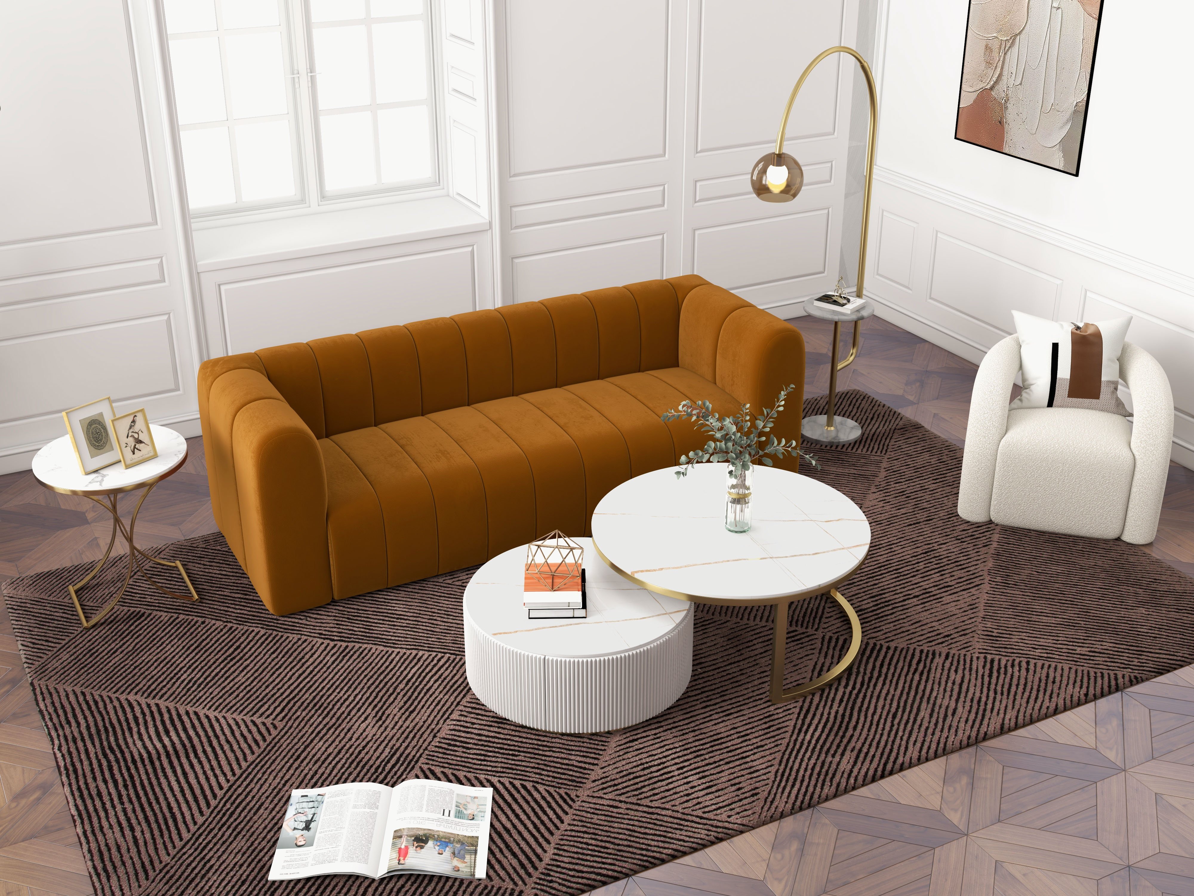 HMR Modern 3-Seater Sofa with Velvet Upholstered - Caramel