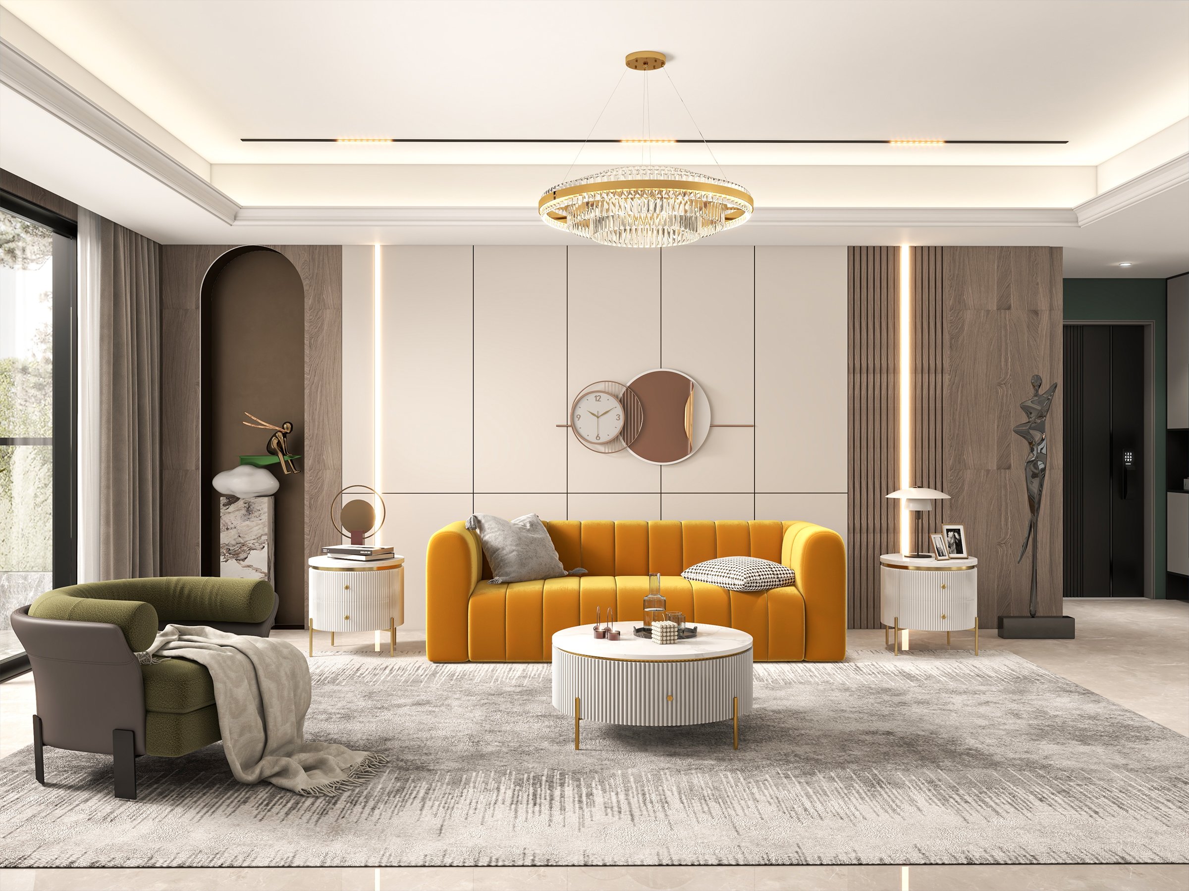 HMR Modern 3-Seater Sofa with Velvet Upholstered - Yellow