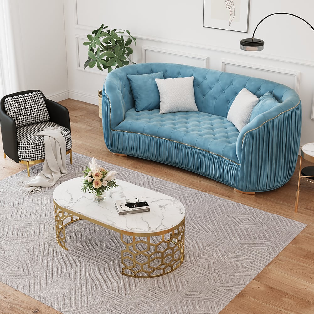 HMR - Velvet Upholstered 3-Seater Sofa in 83"W, Blue