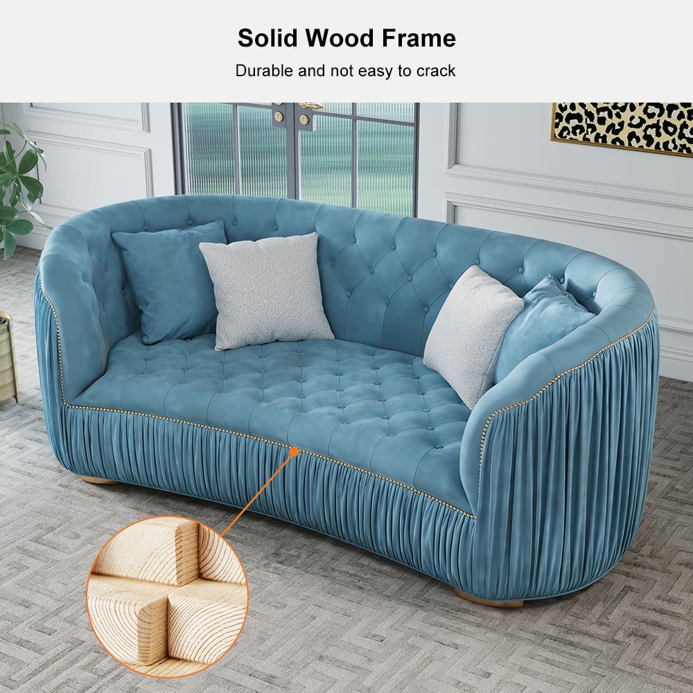 HMR - Velvet Upholstered 3-Seater Sofa in 83"W, Blue
