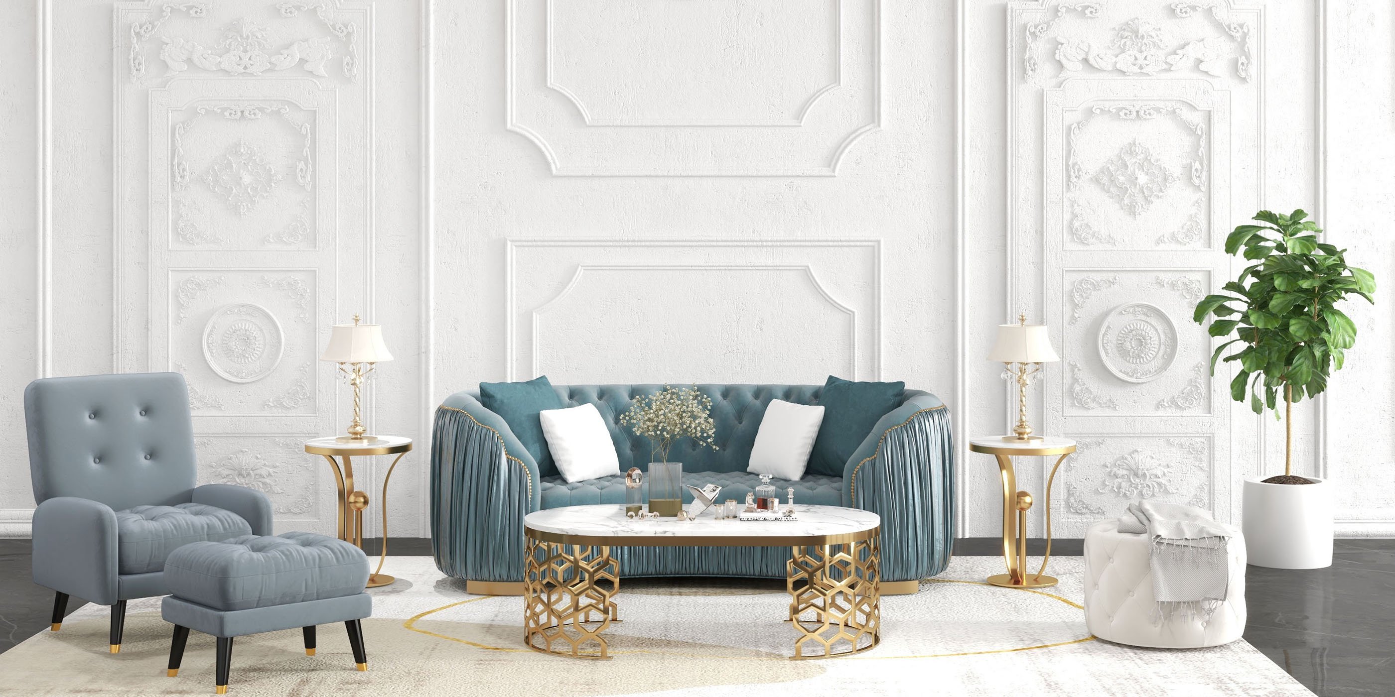 HMR - Velvet Upholstered 3-Seater Sofa in 83"W, Blue