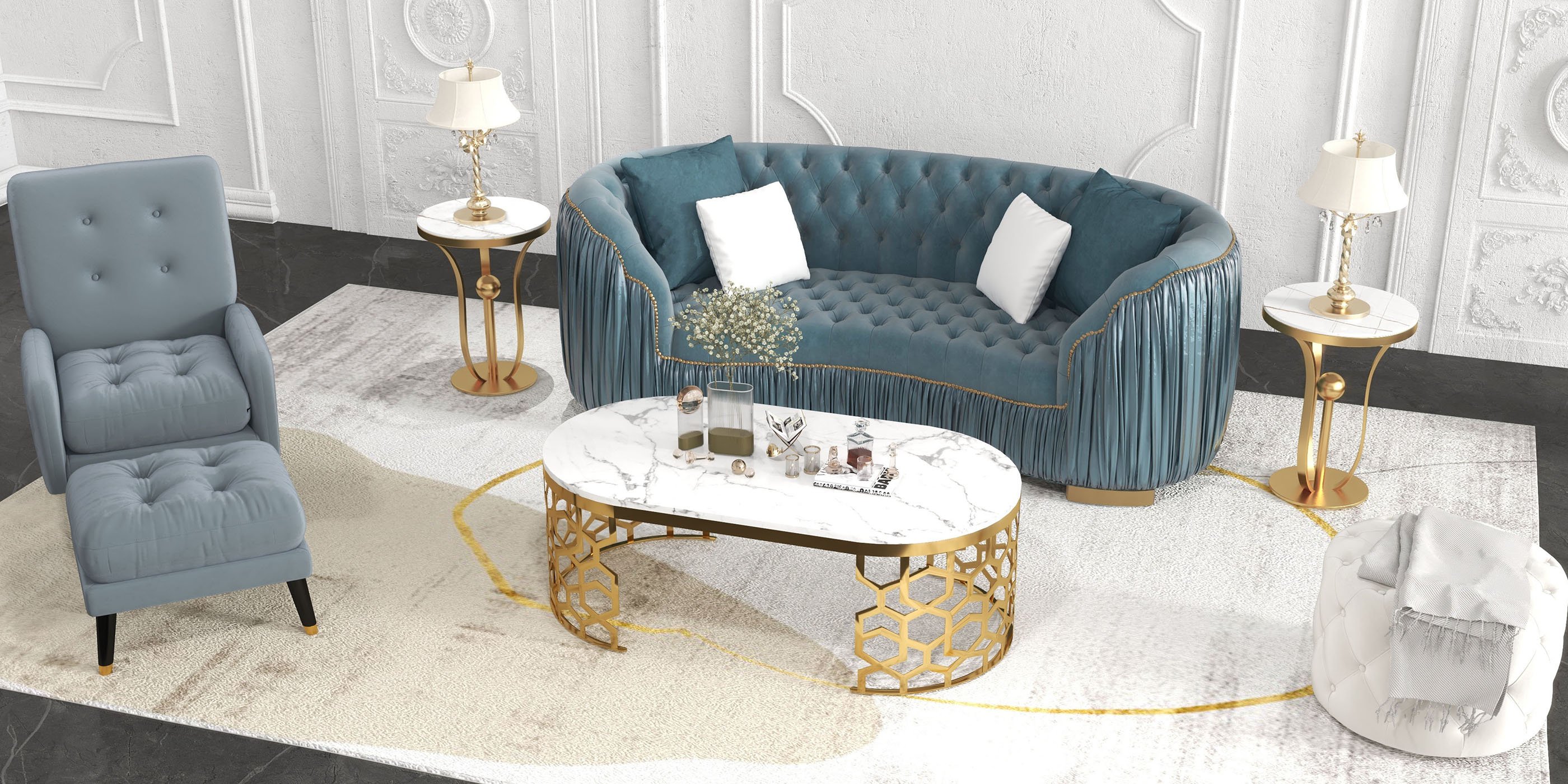 HMR - Velvet Upholstered 3-Seater Sofa in 83"W, Blue