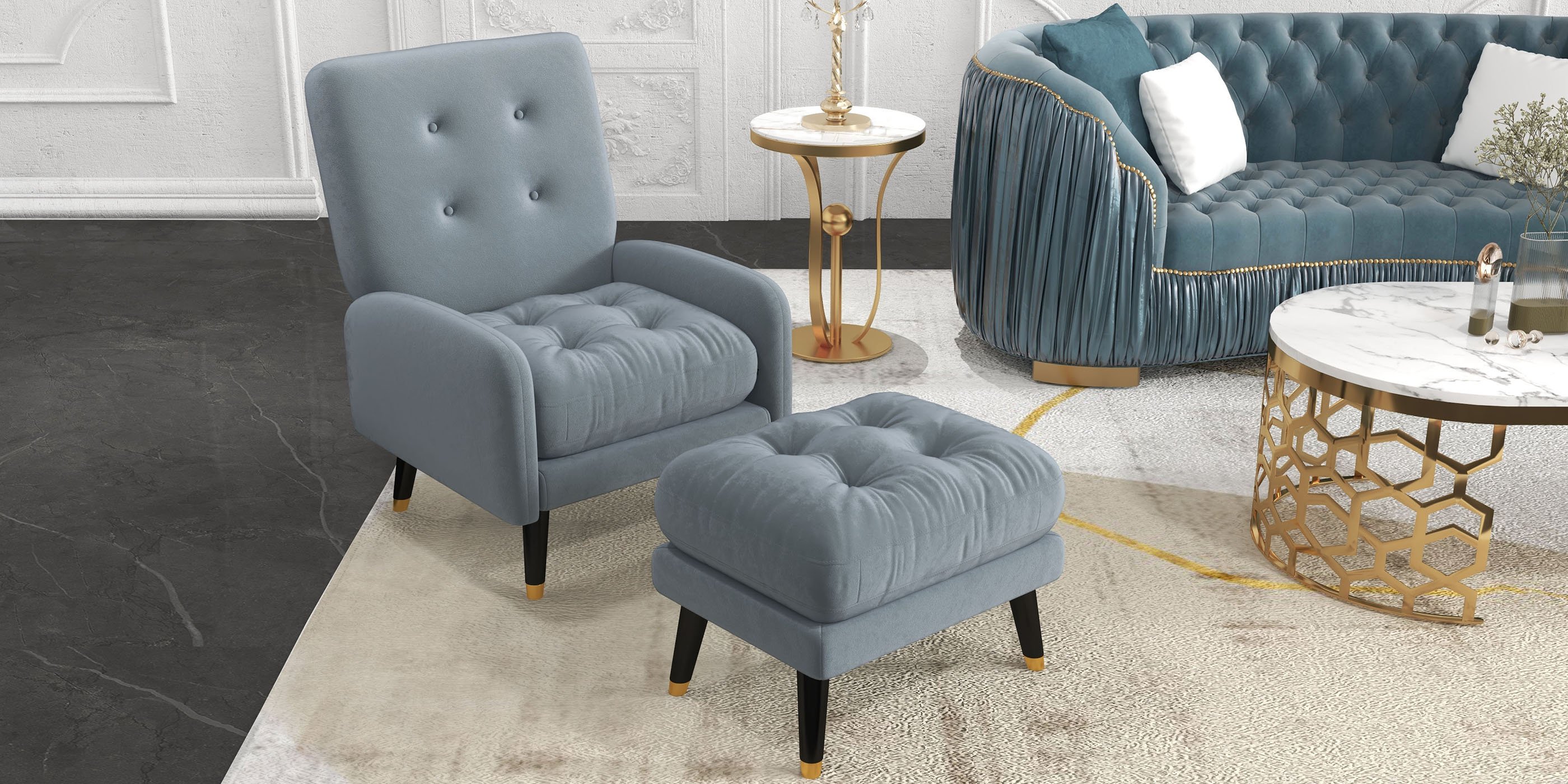 HMR - Velvet Upholstered 3-Seater Sofa in 83"W, Blue
