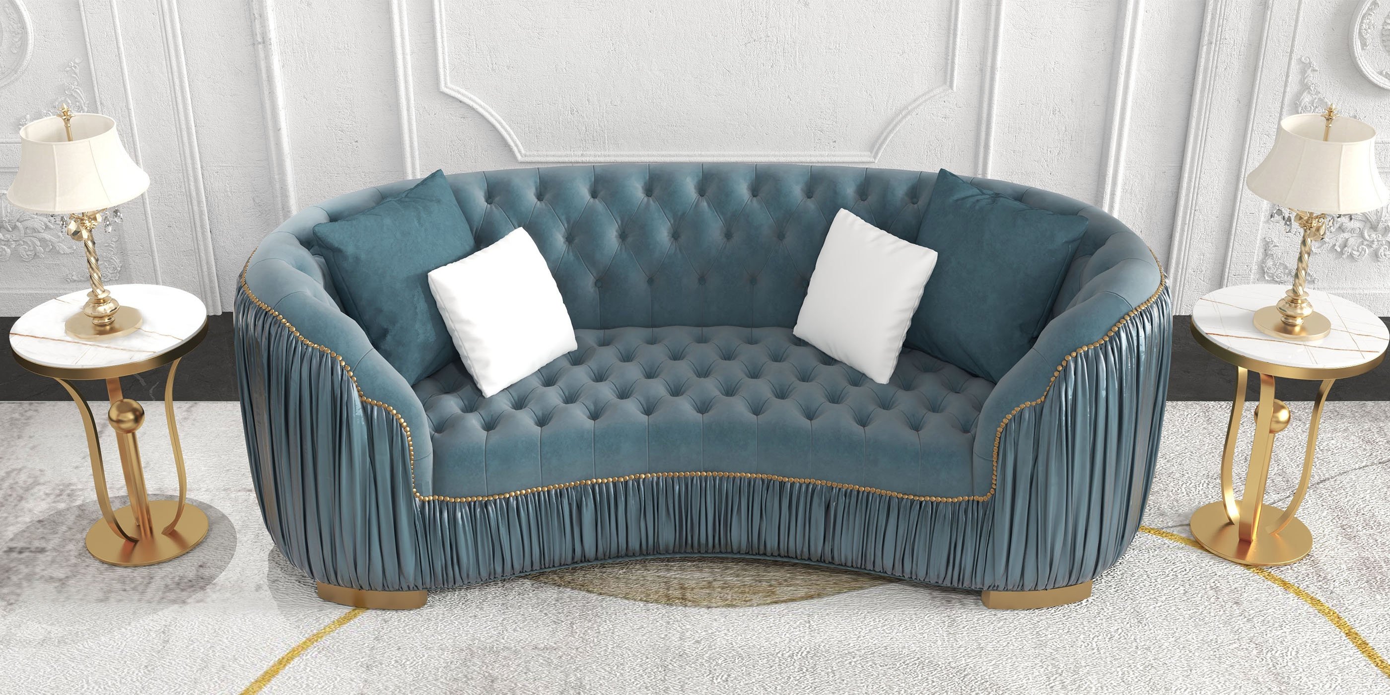 HMR - Velvet Upholstered 3-Seater Sofa in 83"W, Blue