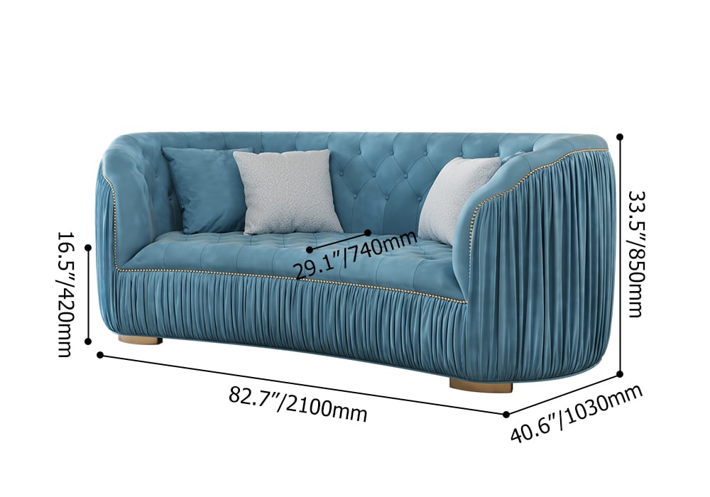 HMR - Velvet Upholstered 3-Seater Sofa in 83"W, Blue