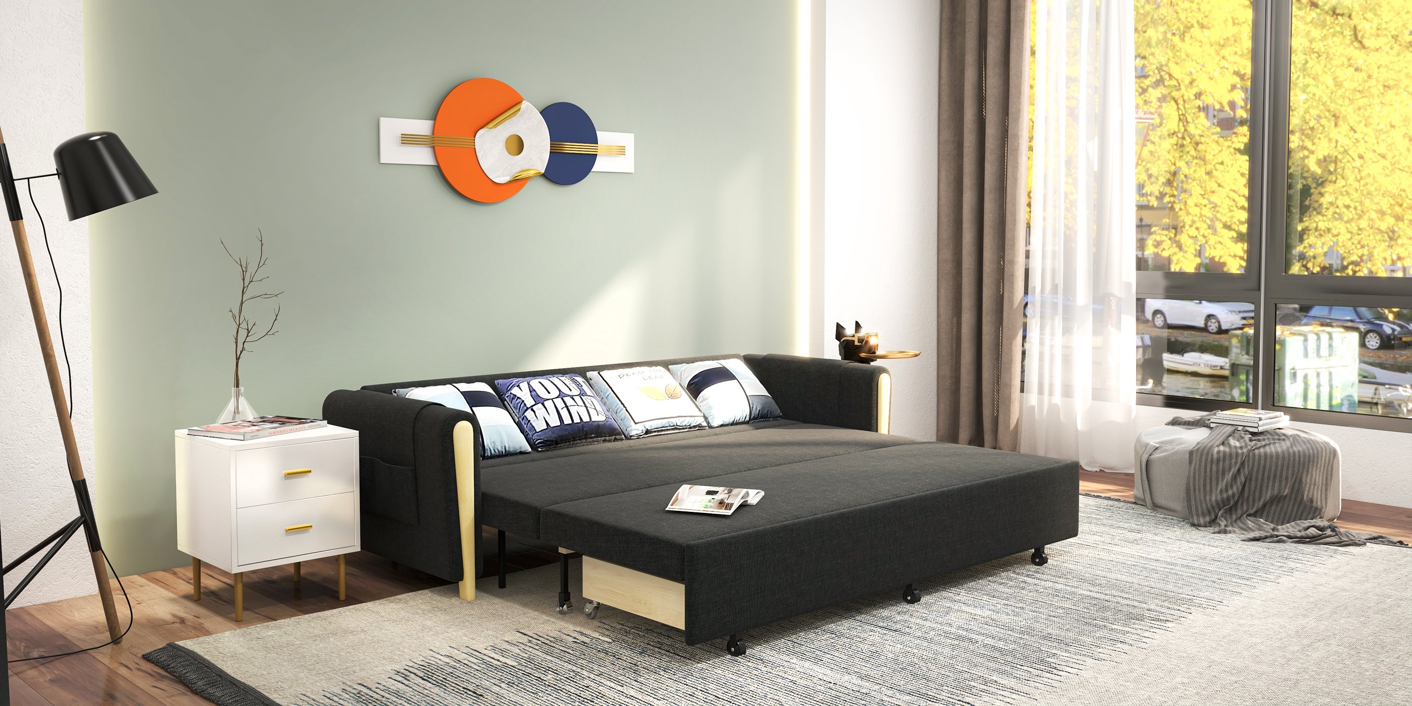 HMR - Upholstered Convertible Sofa Bed with Storage in 82"W, Gray