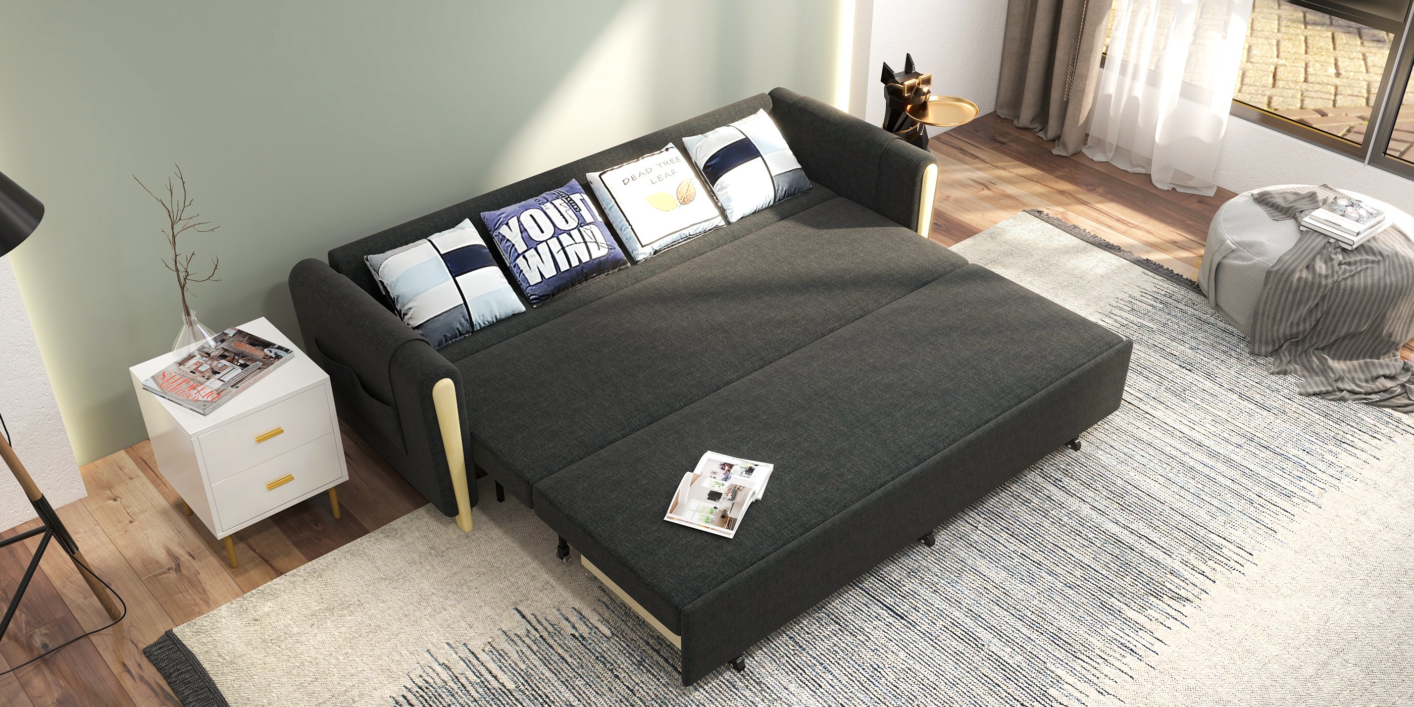 HMR - Upholstered Convertible Sofa Bed with Storage in 82"W, Gray