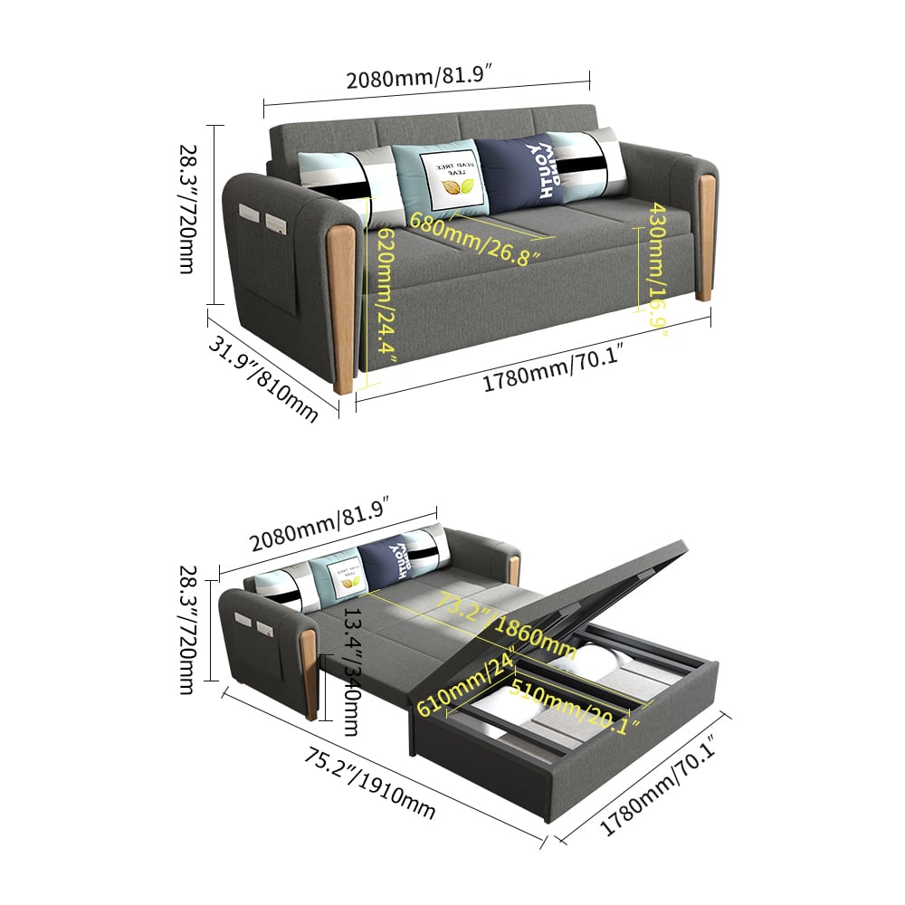 HMR - Upholstered Convertible Sofa Bed with Storage in 82"W, Gray