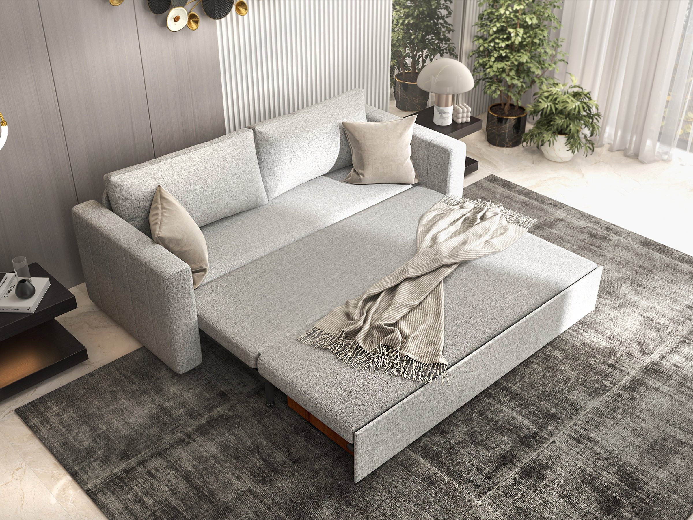 HMR King 3-Seater Convertible Sleeper Sofa with Linen Upholstery - Gray