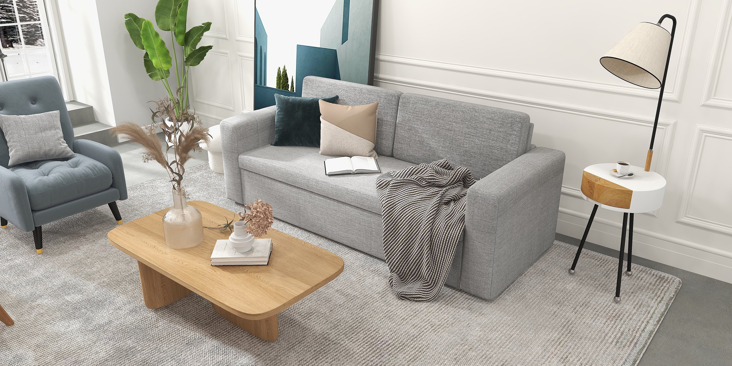 HMR King 3-Seater Convertible Sleeper Sofa with Linen Upholstery - Gray