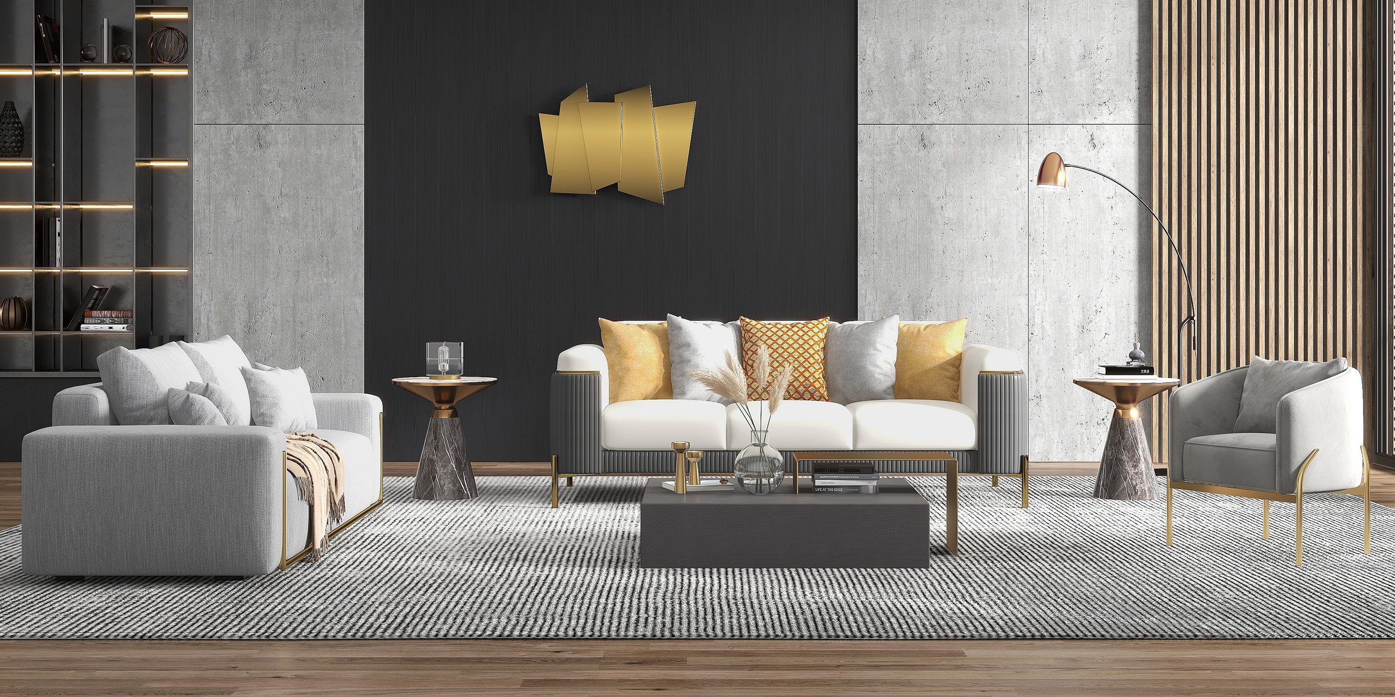 HMR - 87" Modern Gray Cotton & Linen Upholstered 3-Seater Sofa for Living Room
