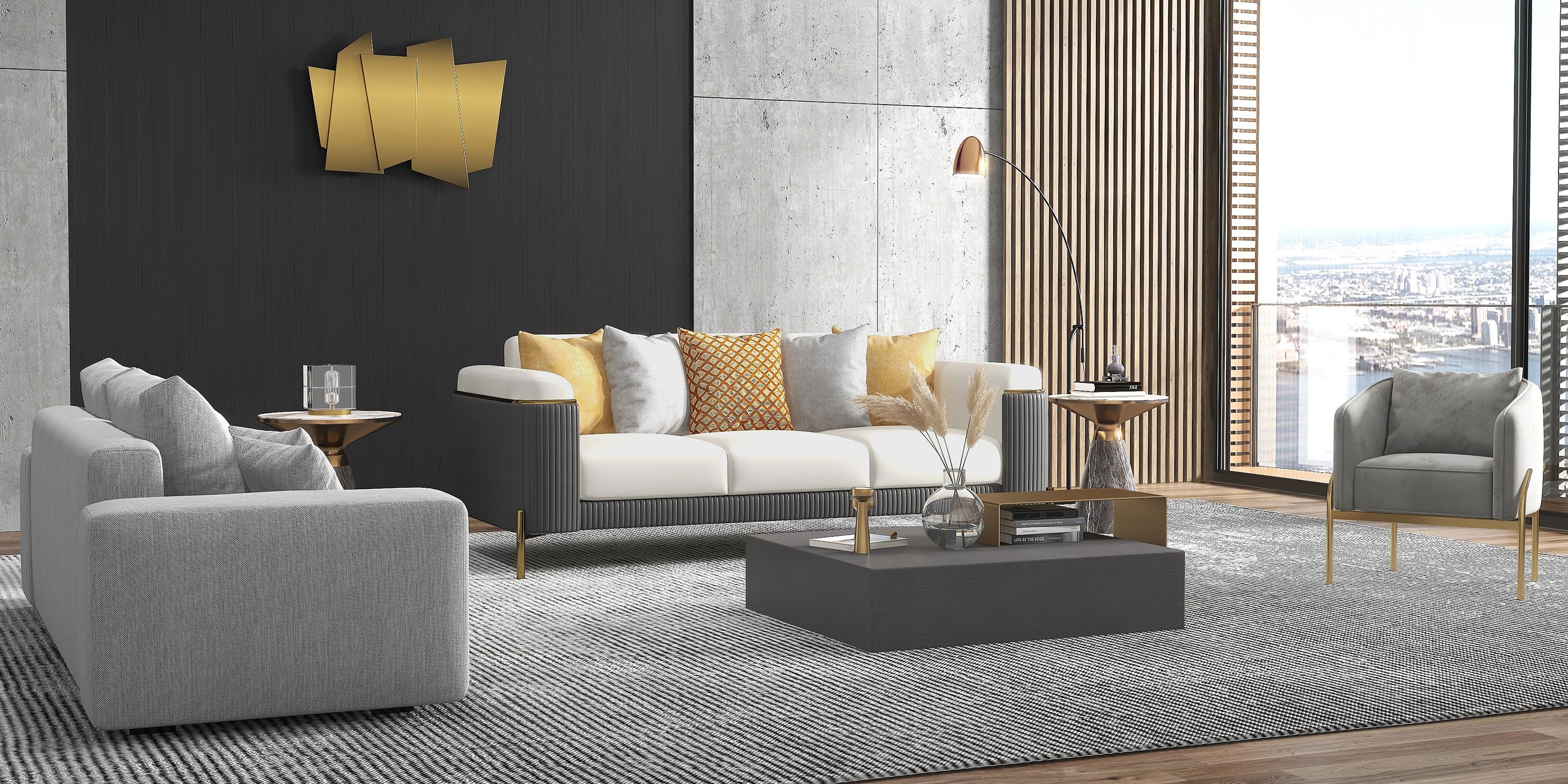 HMR - 87" Modern Gray Cotton & Linen Upholstered 3-Seater Sofa for Living Room