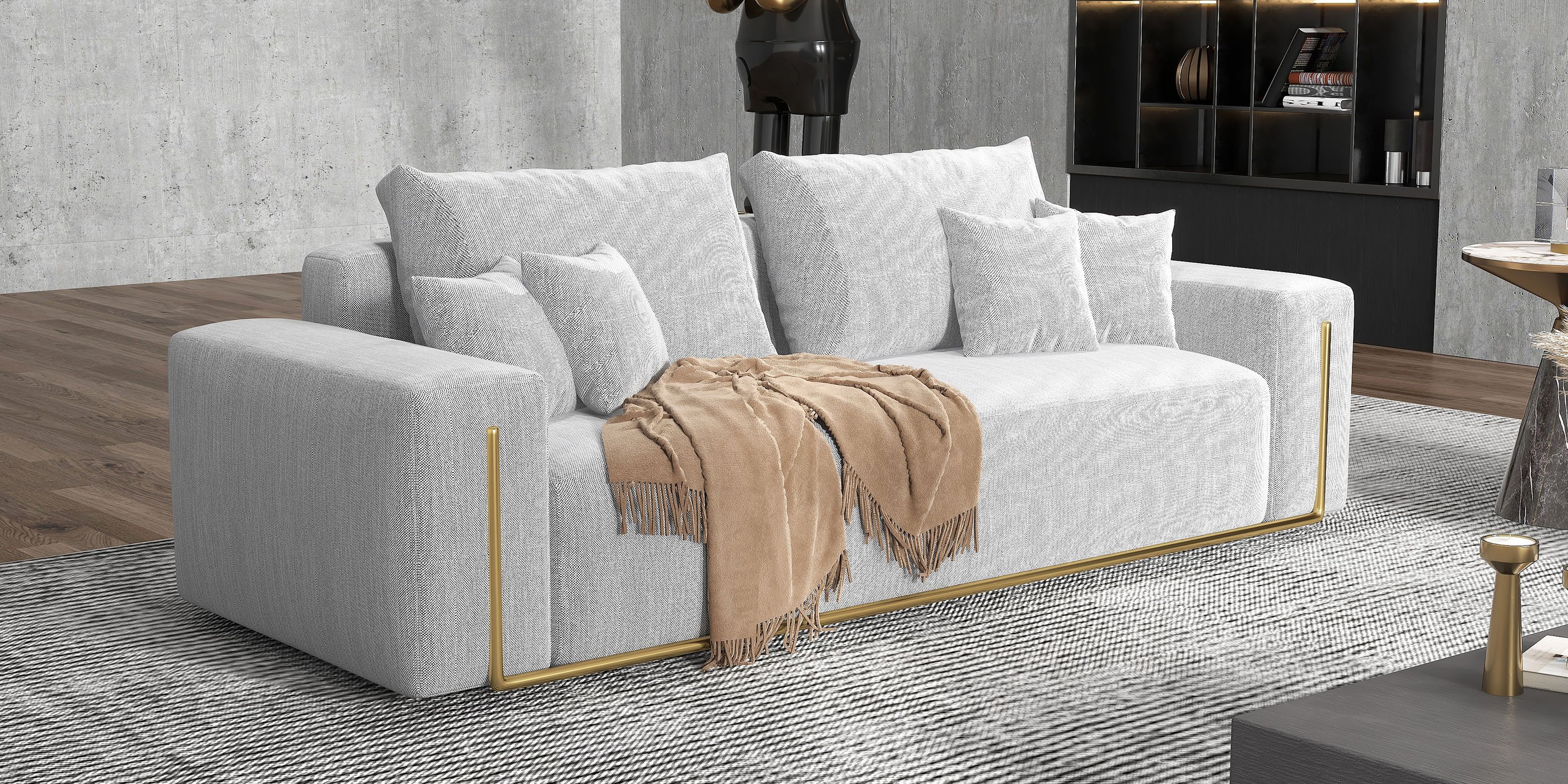 HMR - 87" Modern Gray Cotton & Linen Upholstered 3-Seater Sofa for Living Room