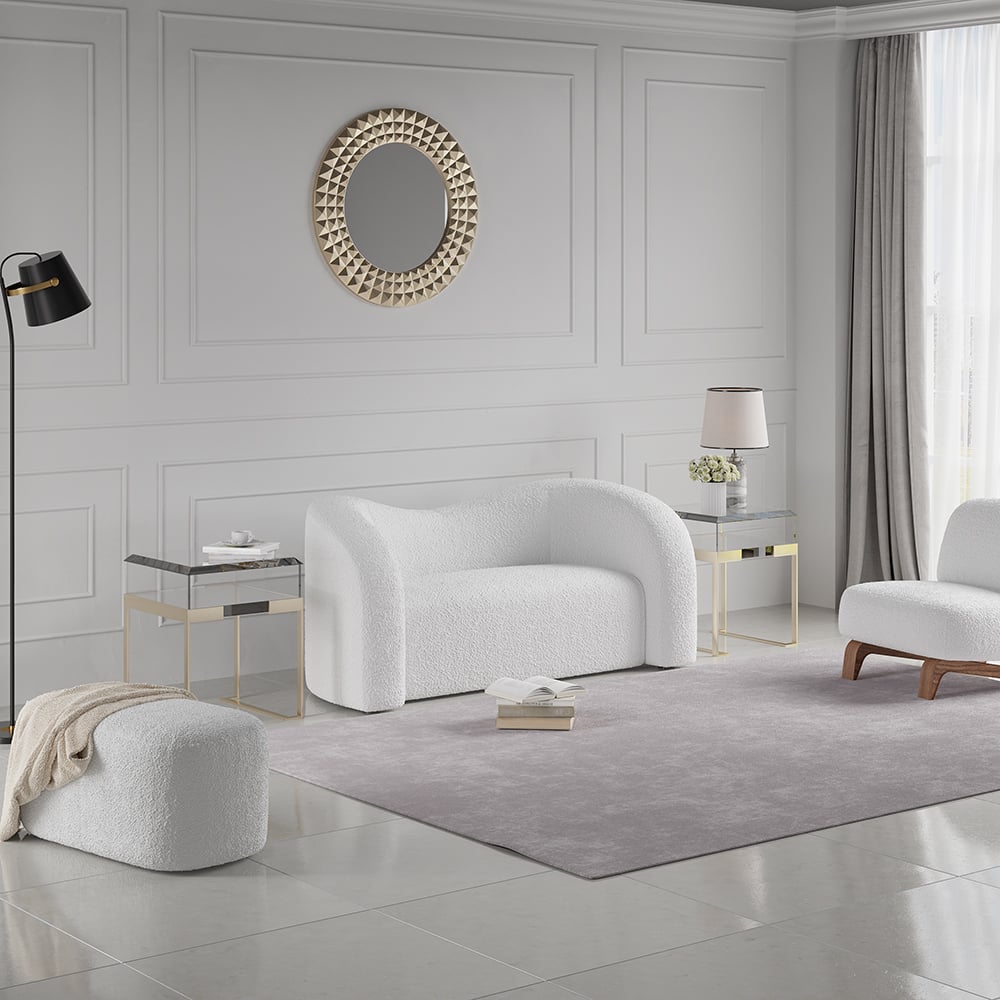 HMR Modern 67" Curved 2 Seater Sofa with Boucle Upholstered - White