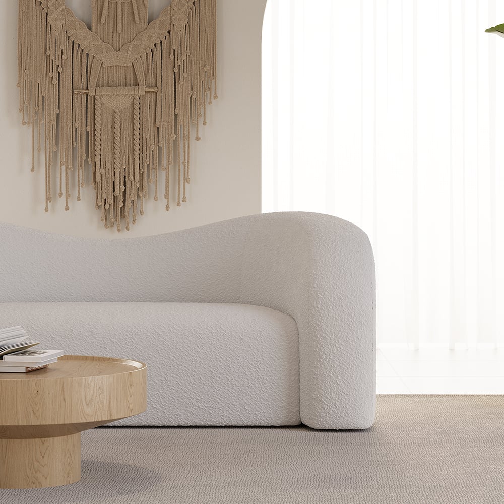 HMR Modern 67" Curved 2 Seater Sofa with Boucle Upholstered - White