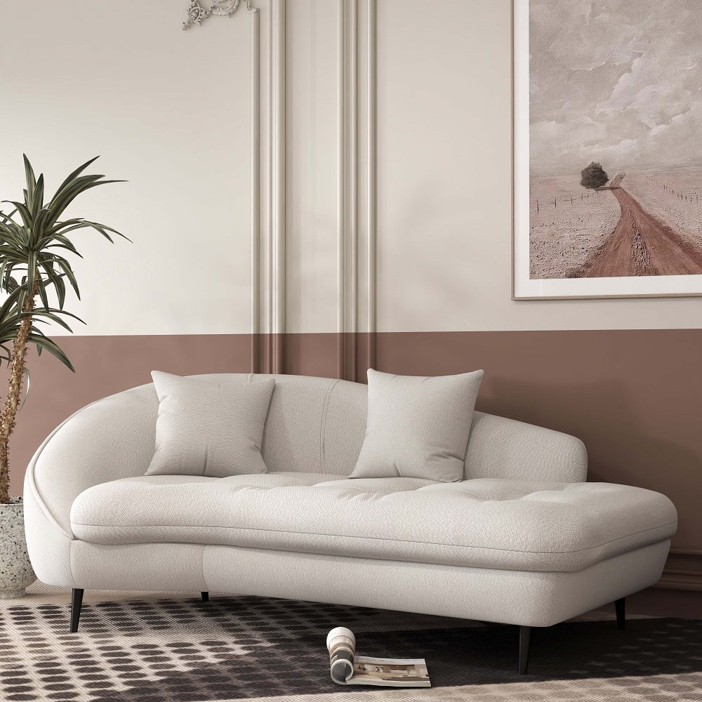 HMR - Chaise Longue Upholstered Linen 3-Seater Sofa in Steel Legs in 78.7"W, White