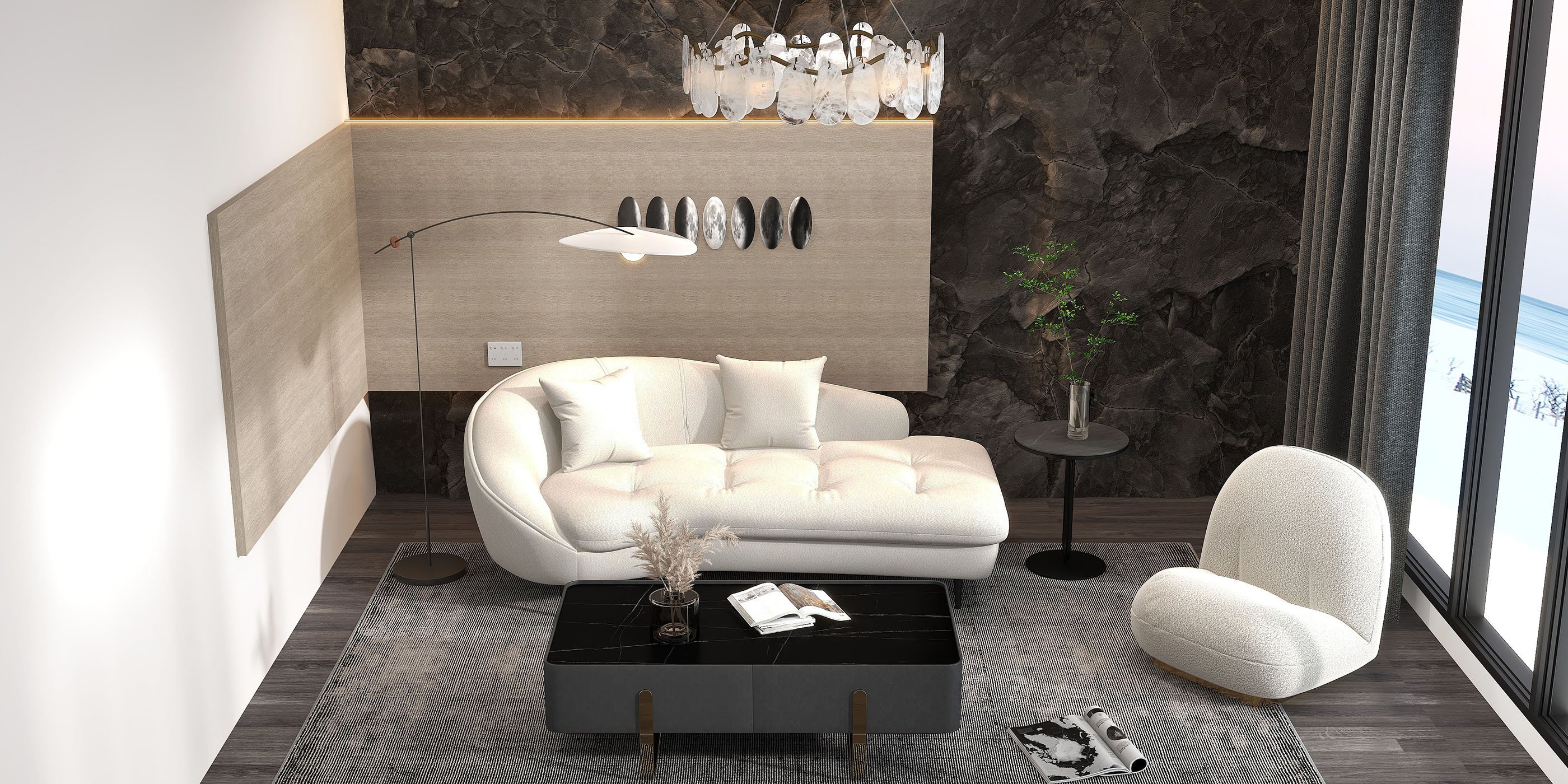 HMR - Chaise Longue Upholstered Linen 3-Seater Sofa in Steel Legs in 78.7"W, White
