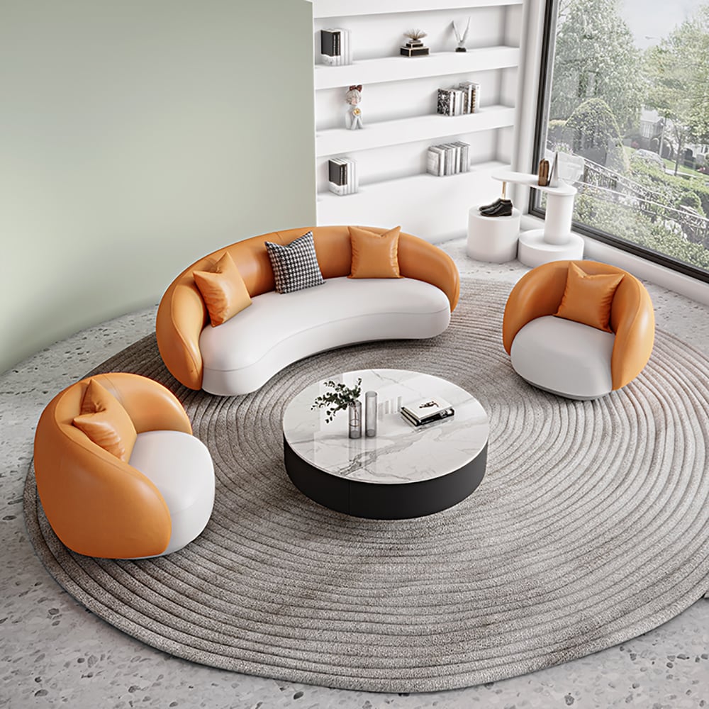 HMR - Leather Upholstered 3-Seater Sofa in 82.7"W, Orange and White