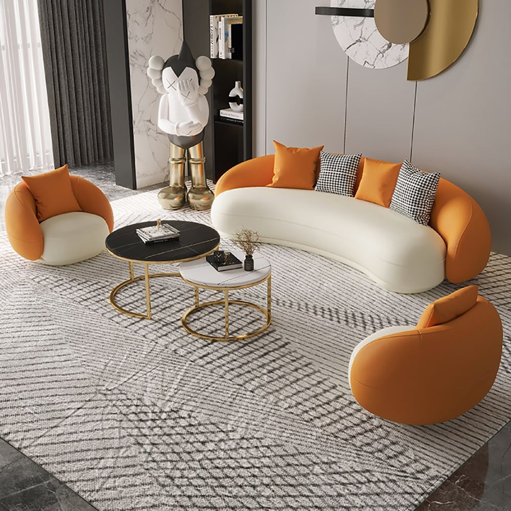 HMR - Leather Upholstered 3-Seater Sofa in 82.7"W, Orange and White