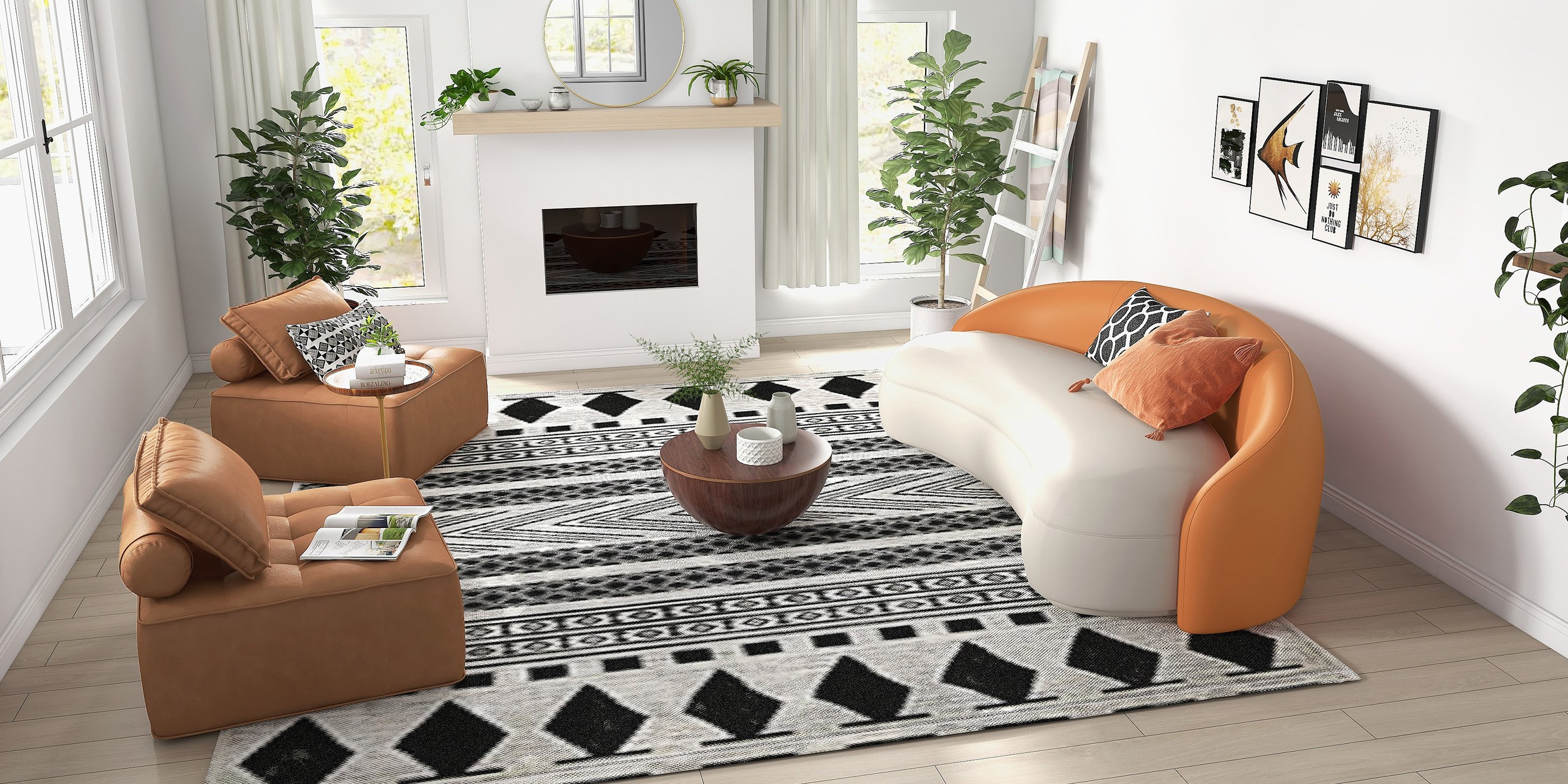 HMR - Leather Upholstered 3-Seater Sofa in 82.7"W, Orange and White