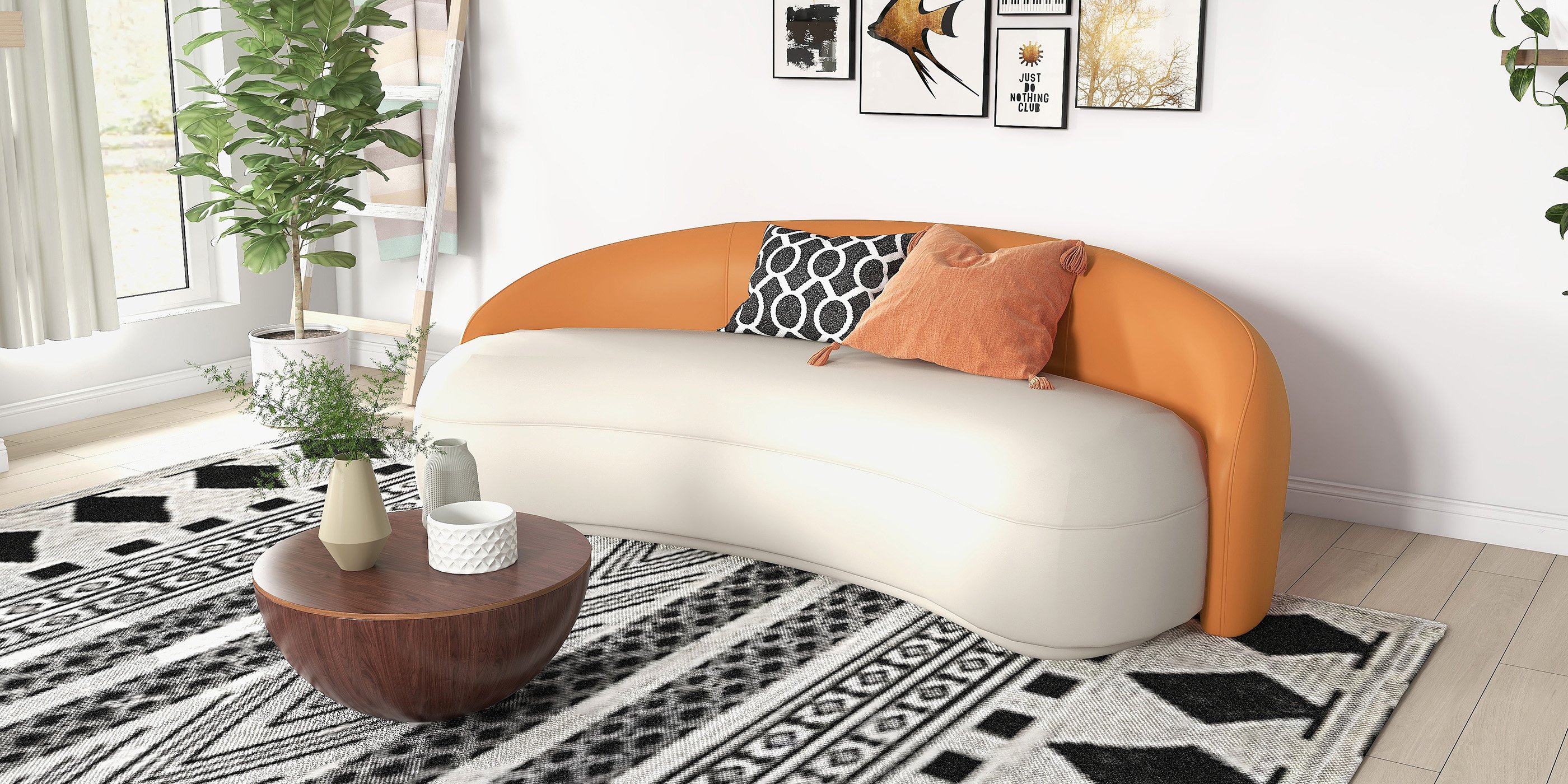 HMR - Leather Upholstered 3-Seater Sofa in 82.7"W, Orange and White