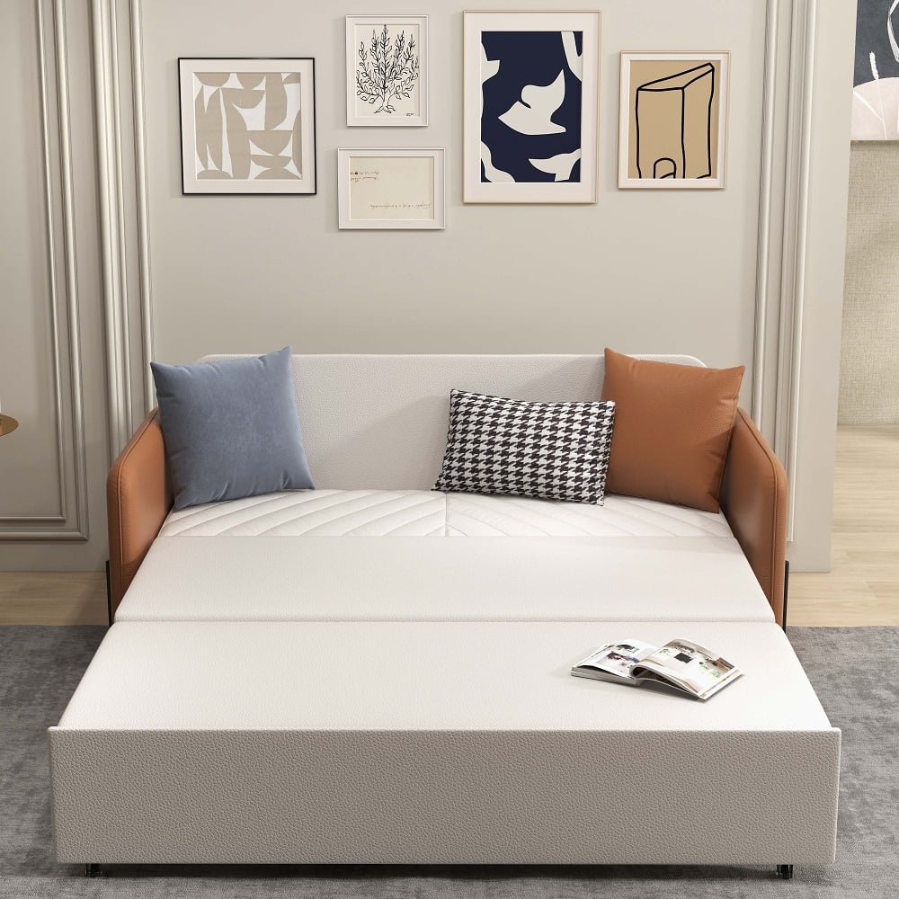 HMR - Convertible Sofa Bed Upholstered with Storage Pocket in 67"L, Brown and White