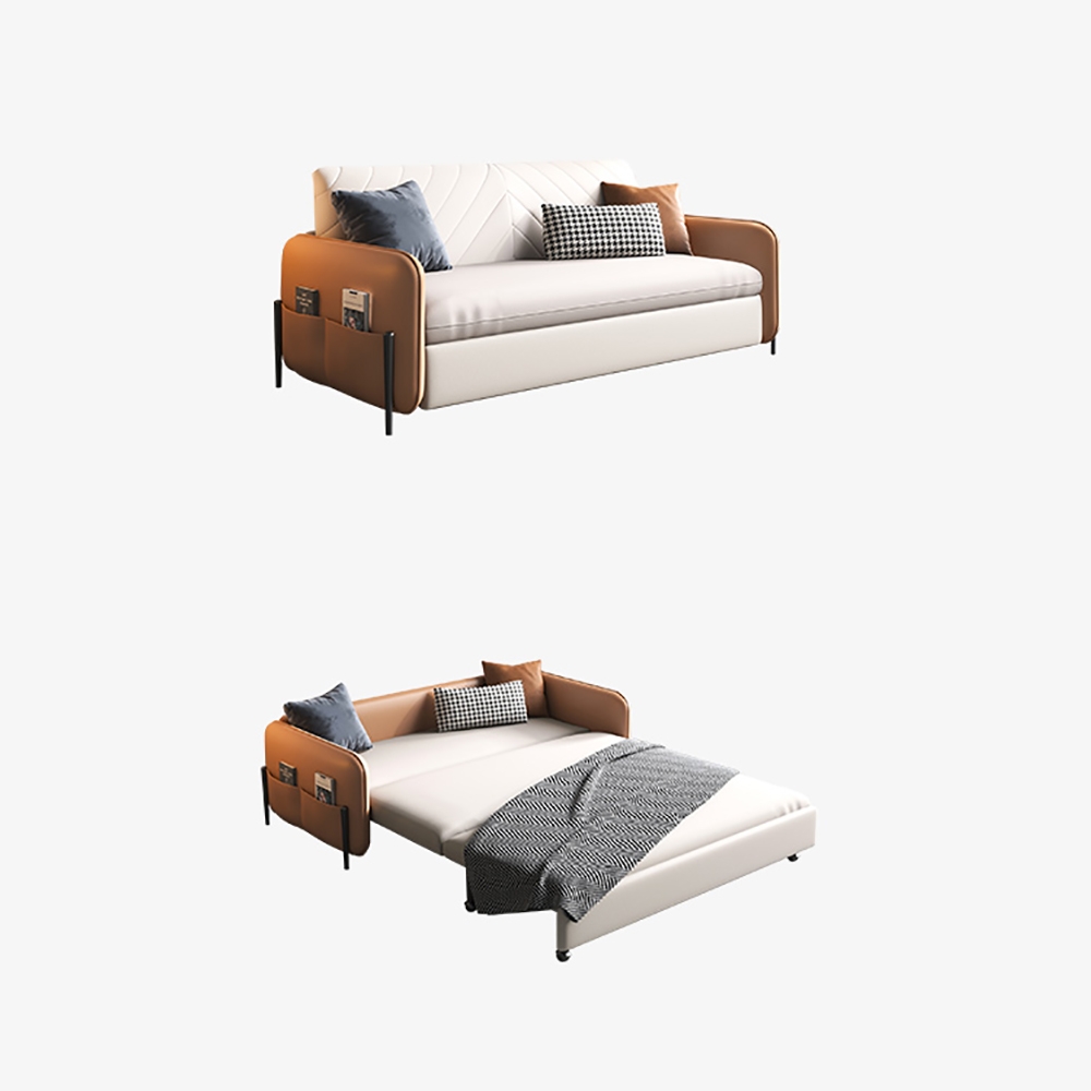 HMR - Convertible Sofa Bed Upholstered with Storage Pocket in 67"L, Brown and White