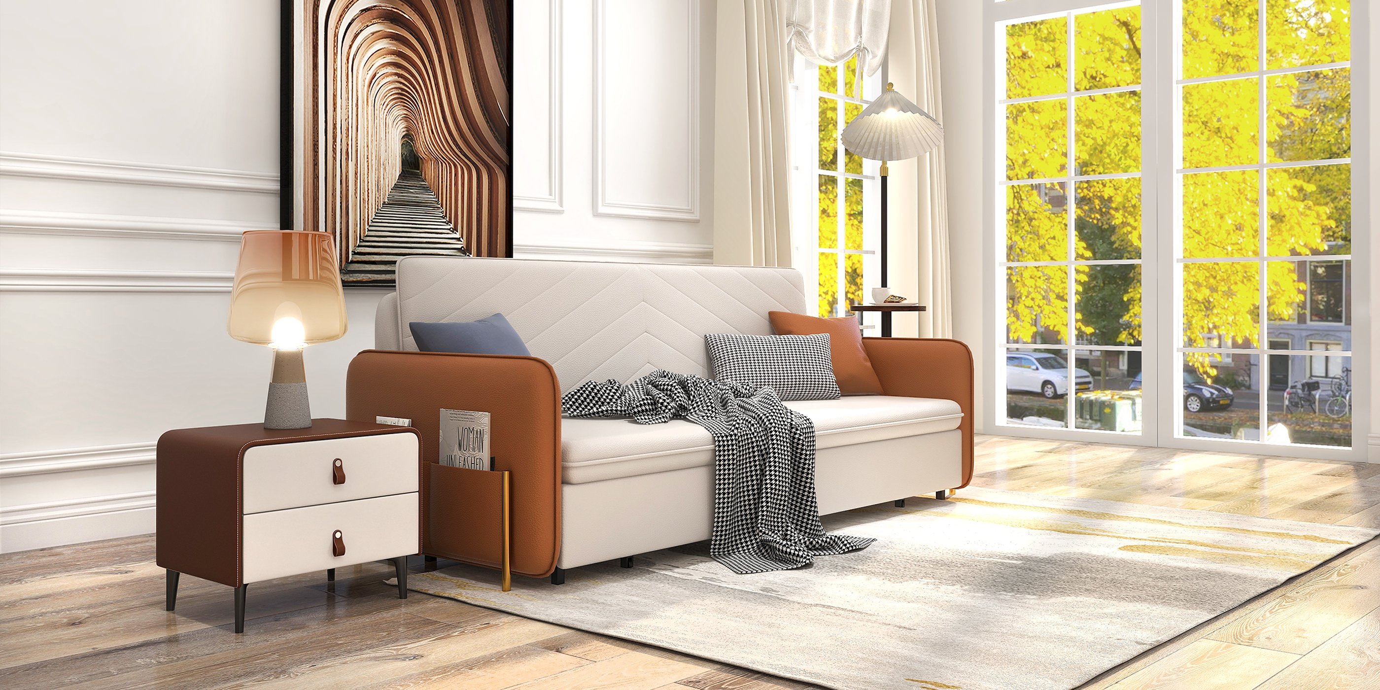 HMR - Convertible Sofa Bed Upholstered with Storage Pocket in 67"L, Brown and White