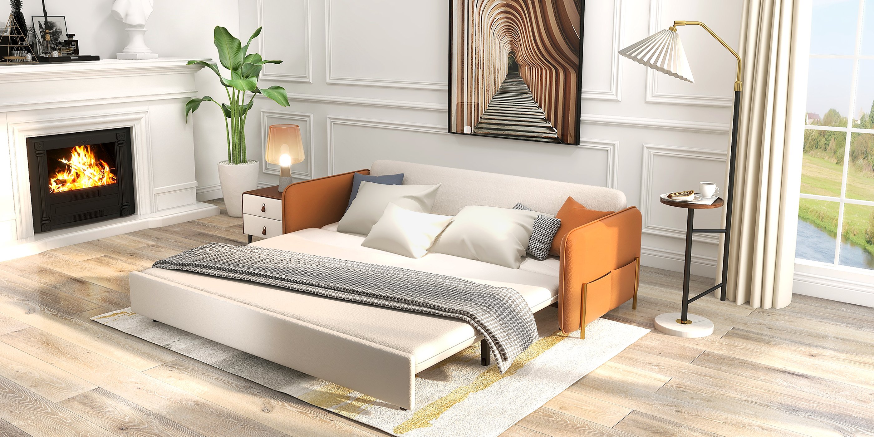 HMR - Convertible Sofa Bed Upholstered with Storage Pocket in 67"L, Brown and White