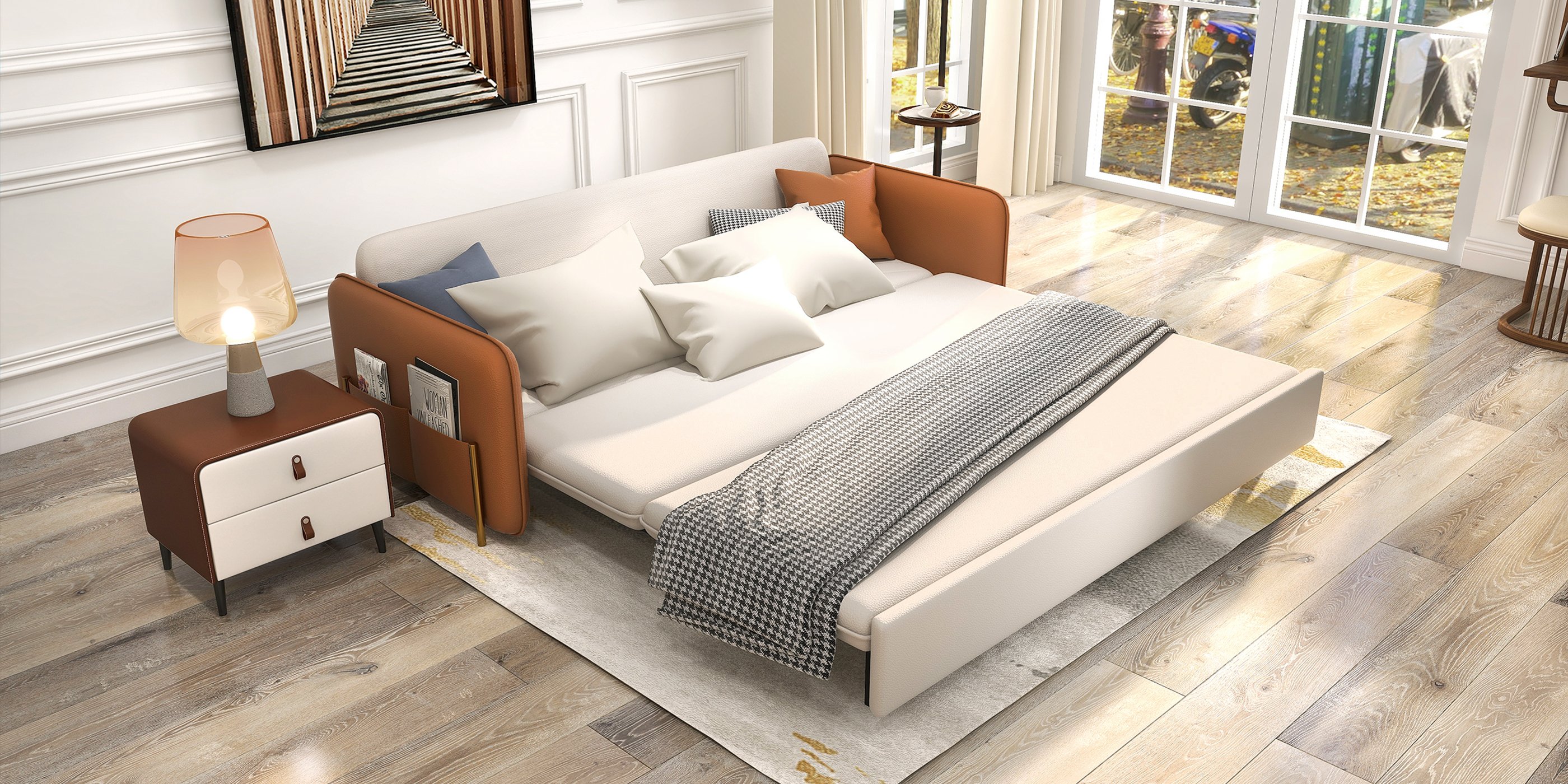 HMR - Convertible Sofa Bed Upholstered with Storage Pocket in 67"L, Brown and White