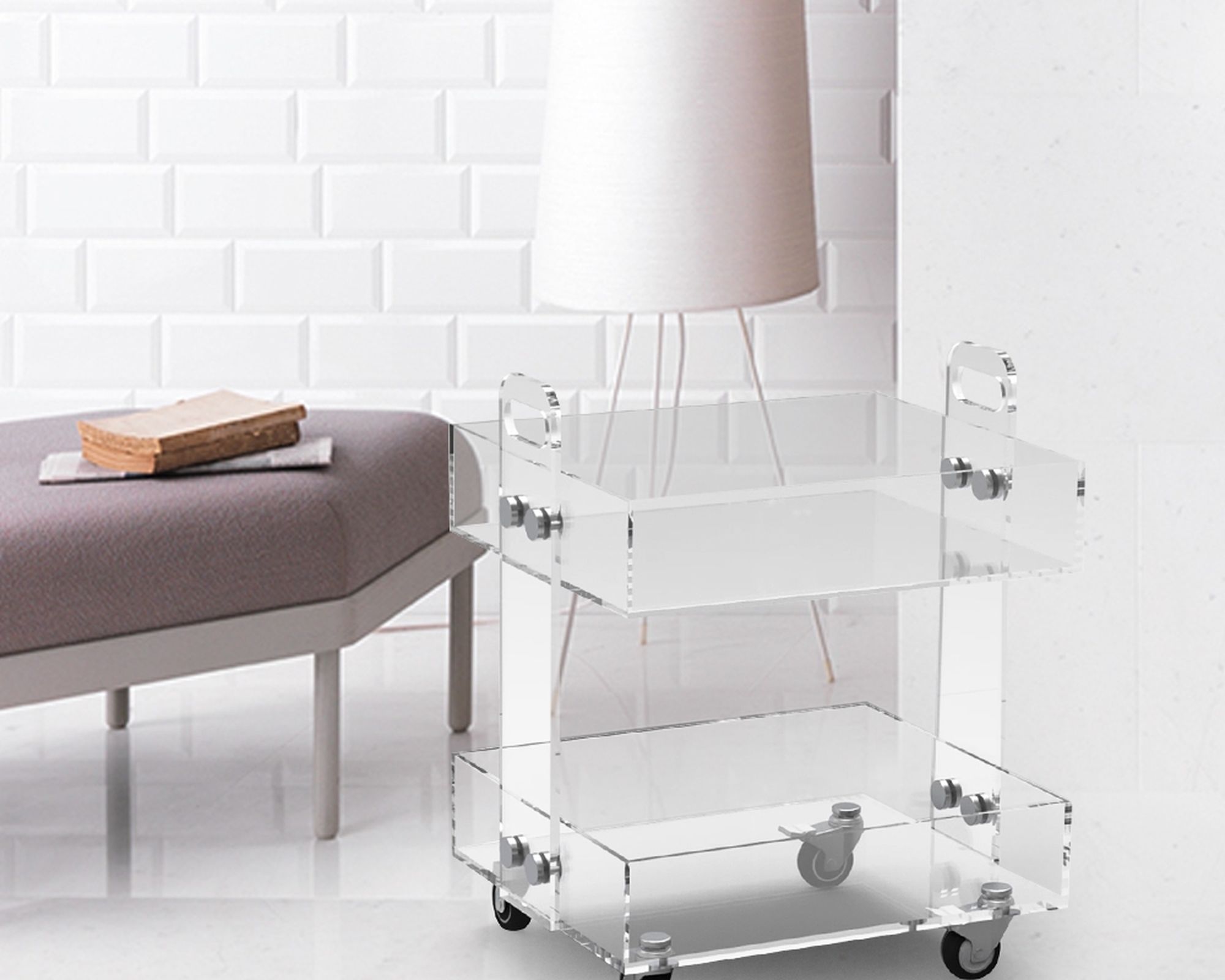 HMR - Modern Acrylic Rolling Bar with Handles in Gold