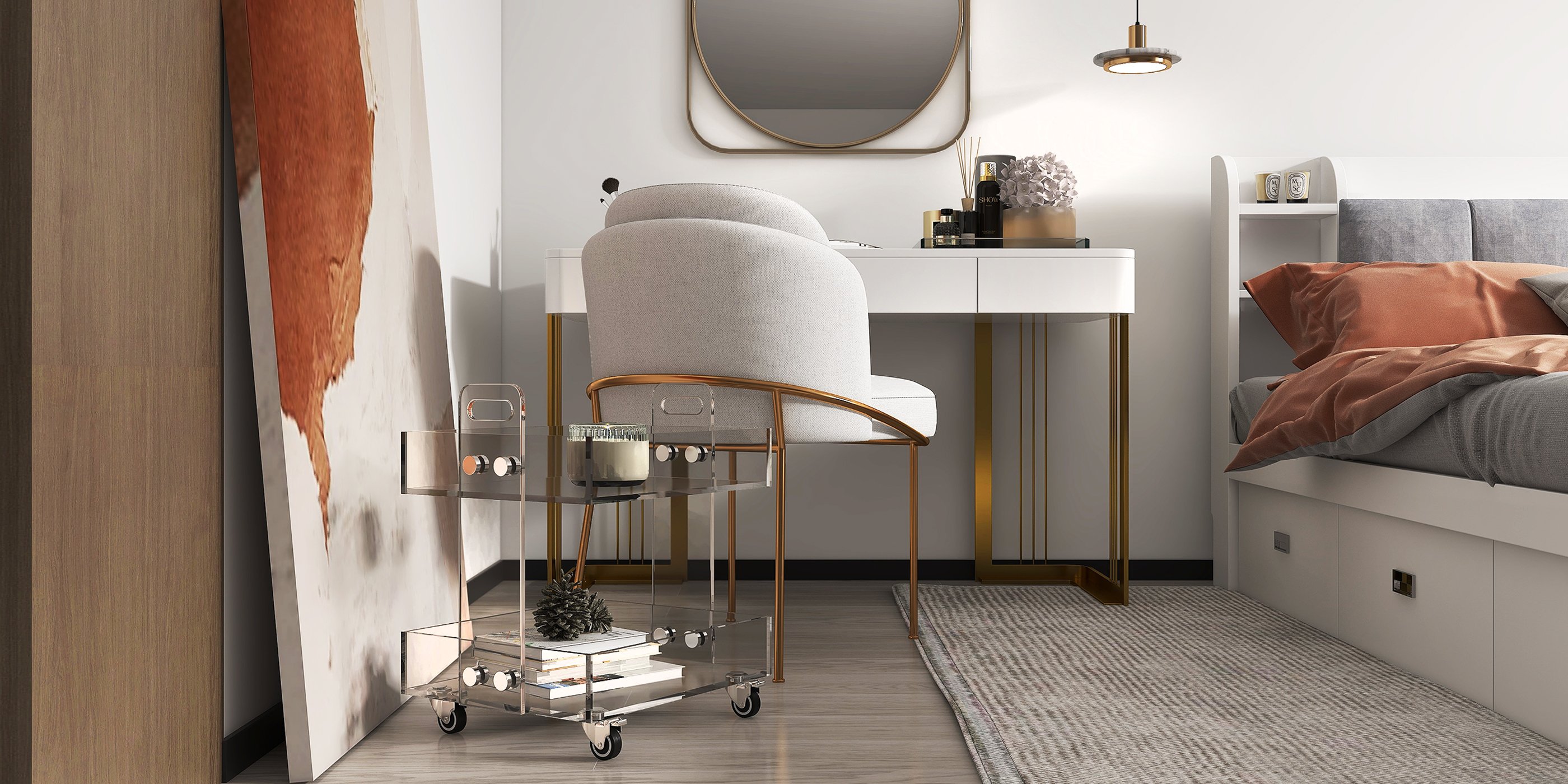 HMR - Modern Acrylic Rolling Bar with Handles in Gold