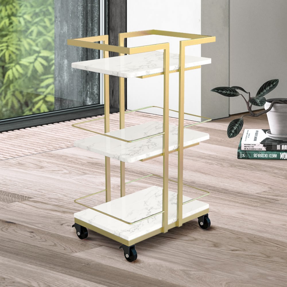 HMR - 3-Tier Rectangular Rolling Bar Cart with Wheels in Gold