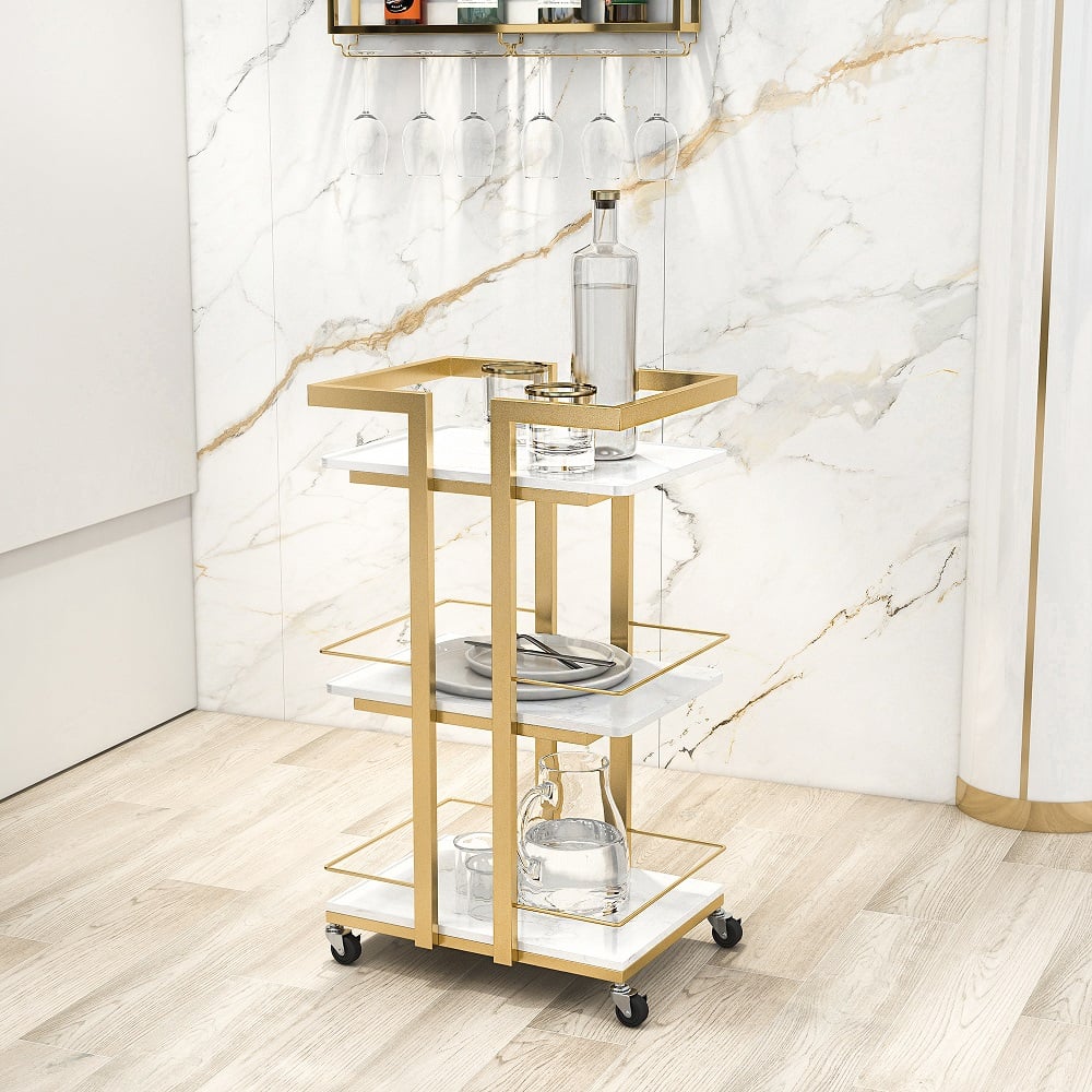 HMR - 3-Tier Rectangular Rolling Bar Cart with Wheels in Gold