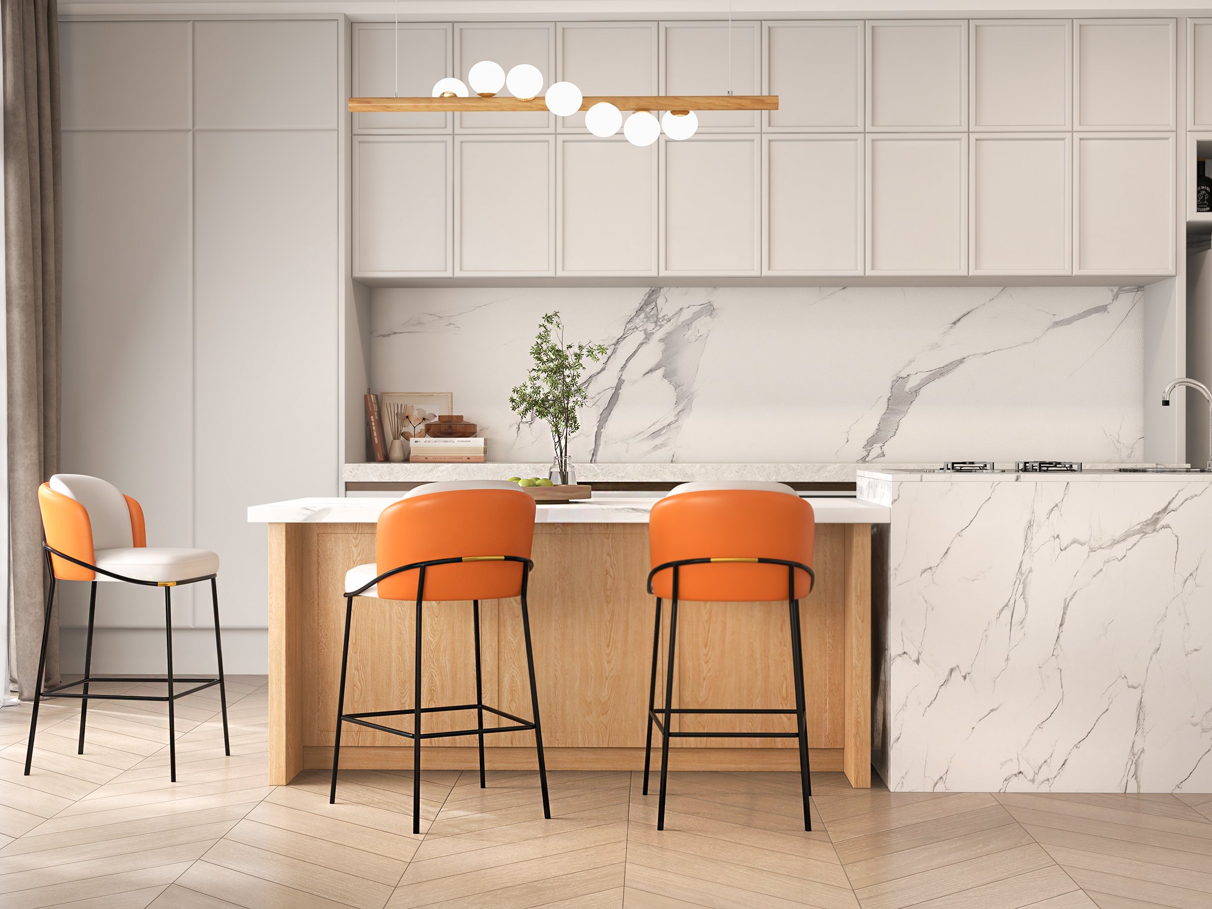 HMR Linenic Series Modern PU Leather Bar Stools - Orange, 20.9"L x 20.9"W x 41.3"H, 1-Piece