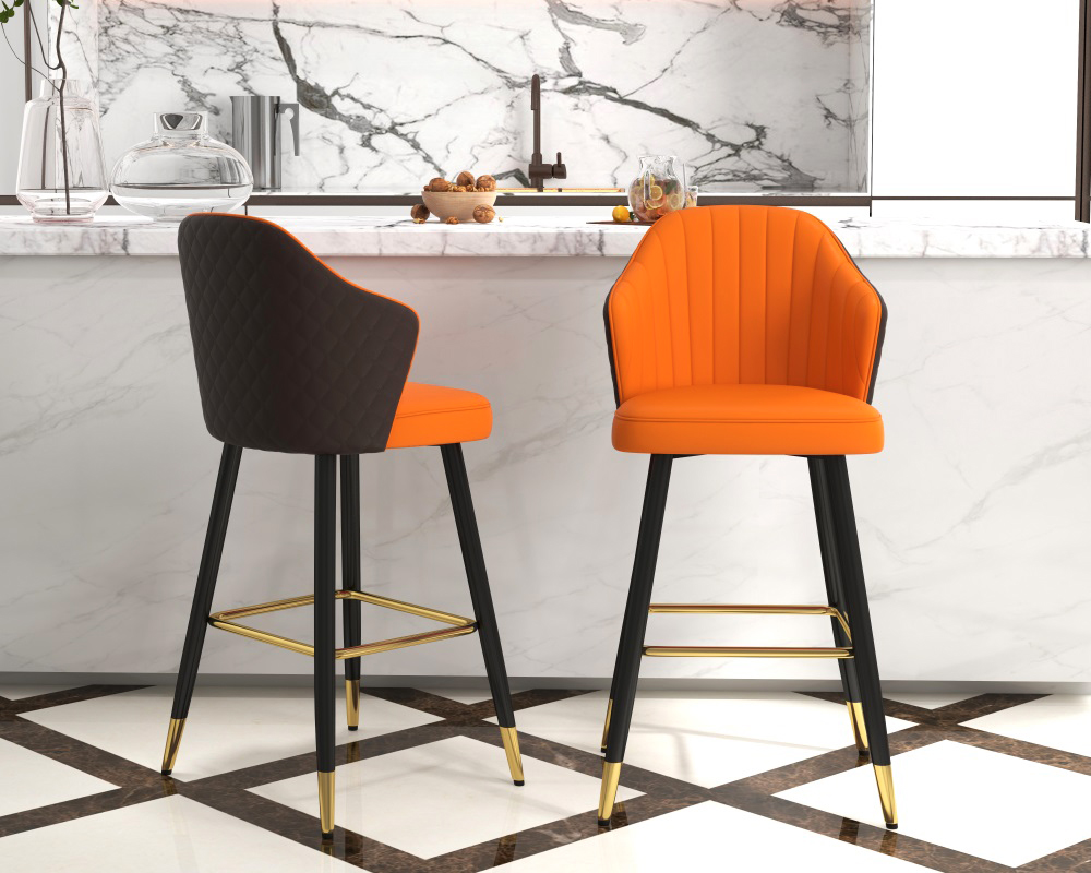 HMR Modern Bar Stools with PU Leather Upholstery - Orange